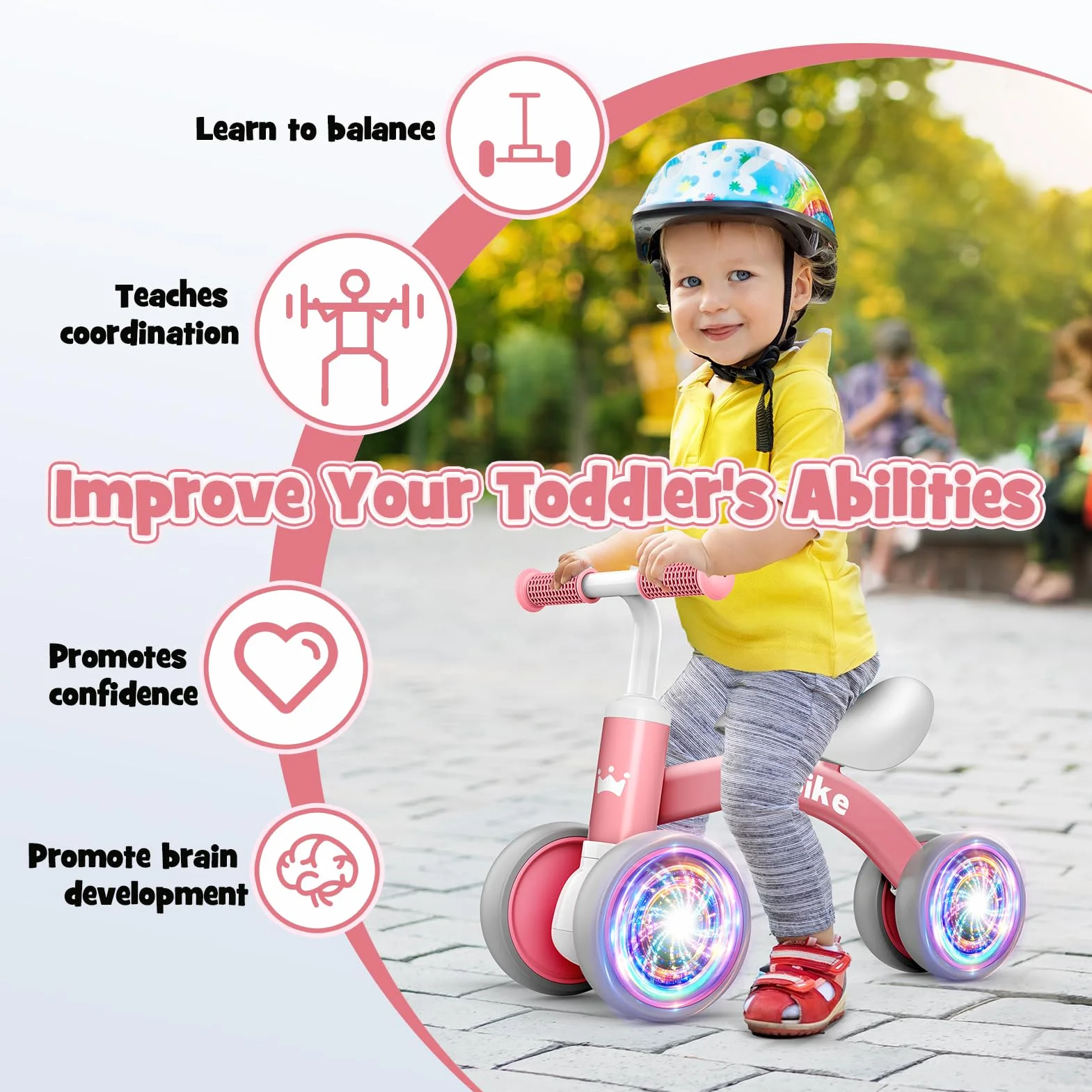 HappyGoLucky Bicicletta Bambini 1 2 Anni, Giochi Bambina Bicicletta Equilibrio con Quattro Ruote Illuminate, Gioco Bambino Regalo Bambina - Idee Regalo Natale