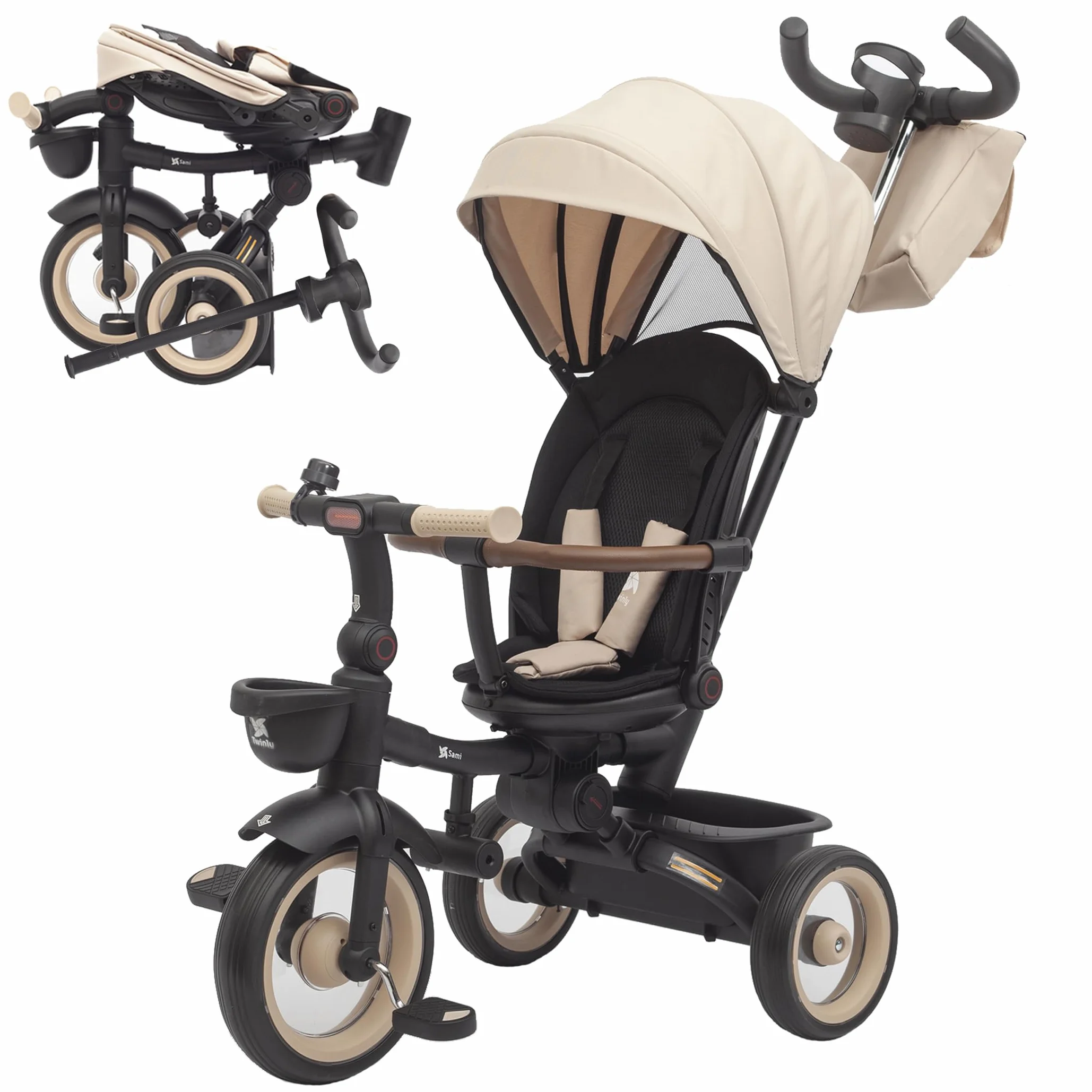 Twinly - Triciclo Evolutivo Bambino Sami Pieghevole con Sedile Girevole 360 Bicicletta 2 anni - Passeggino Bambino, Giocattolo, 1-5 anni o 25 kg - Luce, Cappottina Estensibile (Beige)