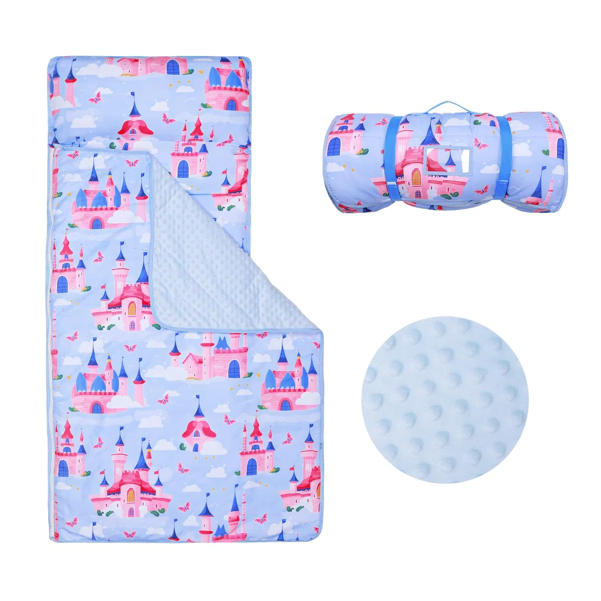 Nap Mat per Bambini con Cuscino e Coperta Rimovibili, Grande Extra Spesso 2 in 1 Sacco a Pelo Pieghevole per Ragazze Ragazzi, Nap Mats per Asilo Nido e Campeggio (Castello Blu)