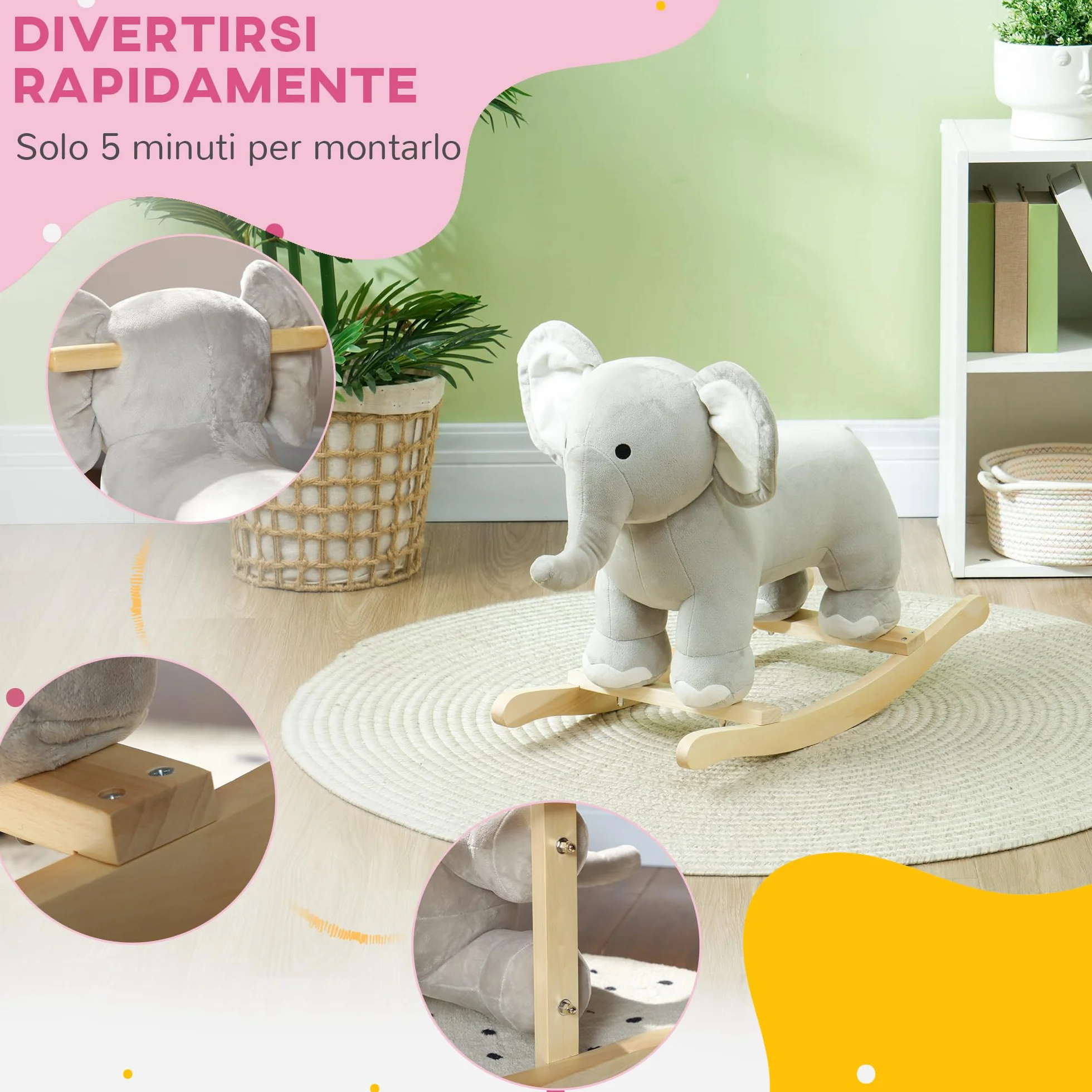 AIYAPLAY Cavallo a Dondolo per Bambini a Forma di Elefante, Cavalluccio a Dondolo Cavalcabile in Legno e Peluche con Base e Suoni Realistici, 2-4 Anni, 64.5x31x52 cm, Grigio
