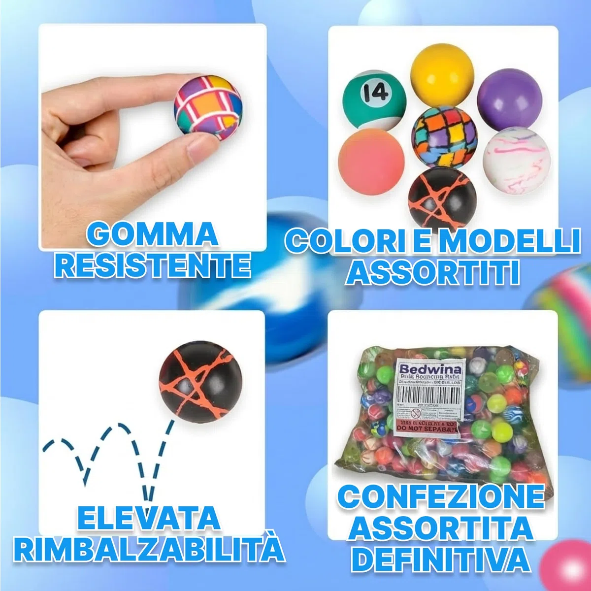 Bedwina Palline rimbalzanti sfuse – Confezione da 250 (27 mm), assortimento misto di piccole palline in gomma colorate ad alto rimbalzo, perfette come bomboniere, premi e regali per bambini