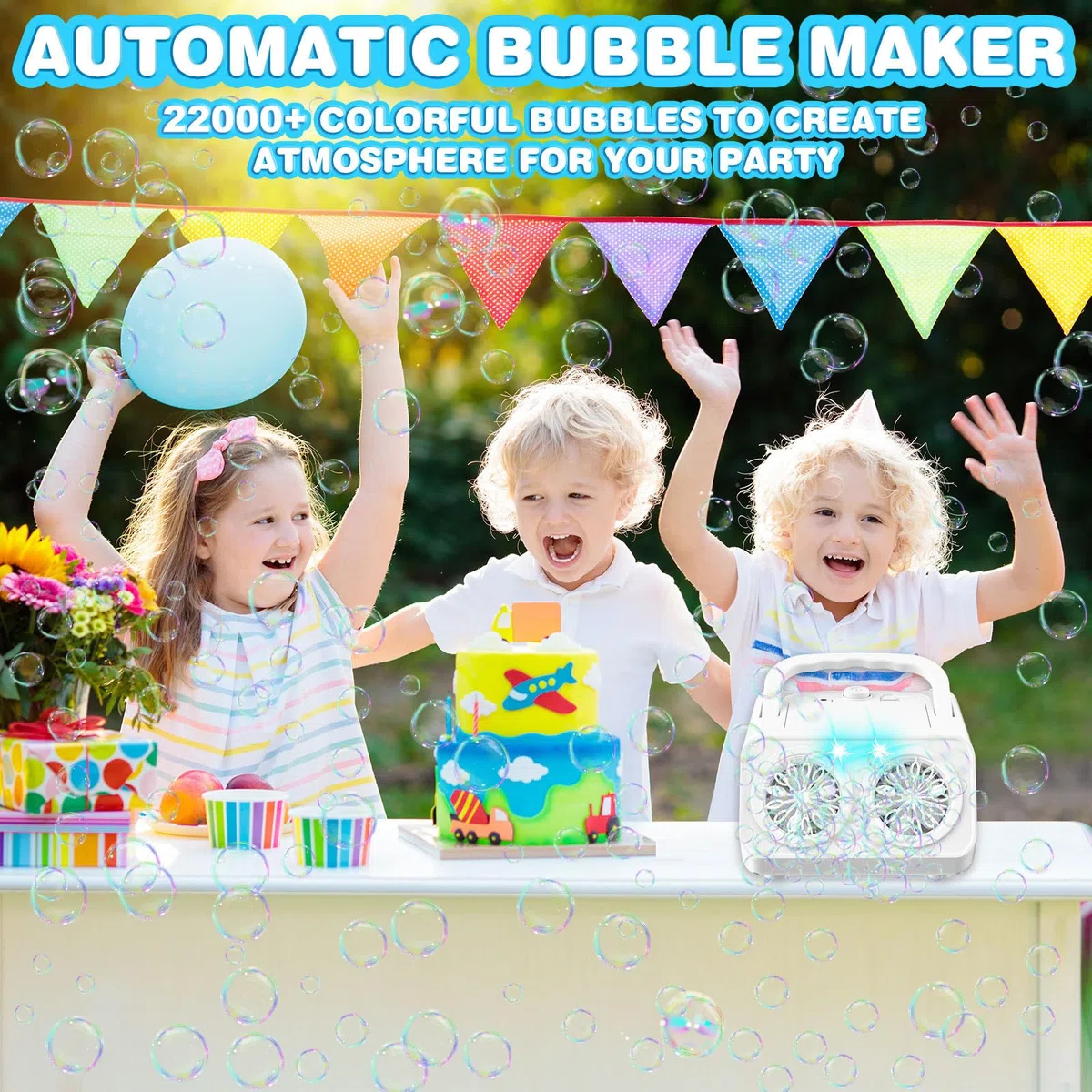 Macchina Bolle di Sapone, Spara Bolle di Sapone Automatico, 22000+ Bolle al Minuto, 2 Velocità, Giochi da Esterno per Bambini, Compleanno Gadget Matrimonio (Bianco)