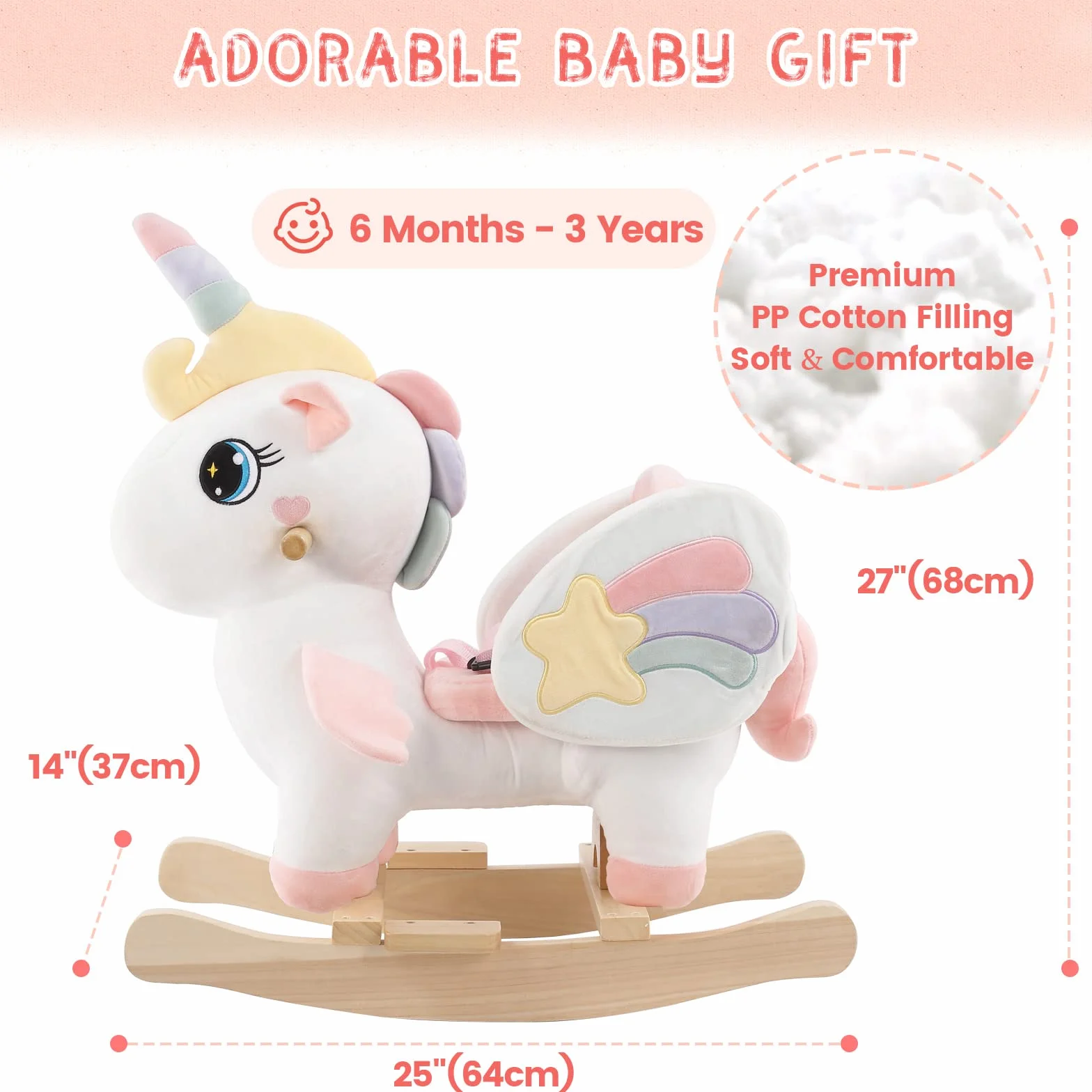 FUNLIO Cavallo a Dondolo Unicorno, Rainbow Fairy per bambini da 6 mesi a 3 anni, Cavalcabile, di Peluche, Facile da Montare