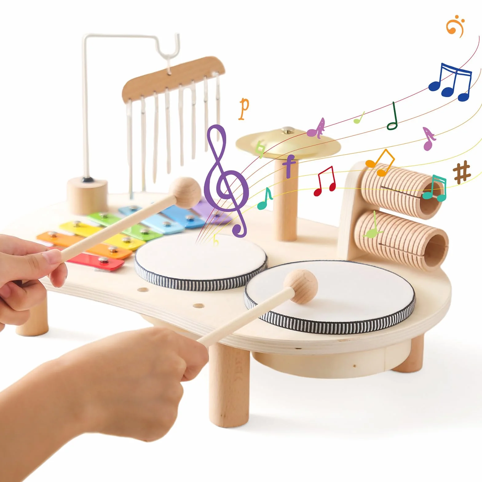 7 in 1 Baby Drum Set per Bambini, Xylophone Giocattolo Musicale di Legno, Strumenti Musicali Montessori del Bambino,Regalo di Compleanno per Ragazzi E Ragazze, A