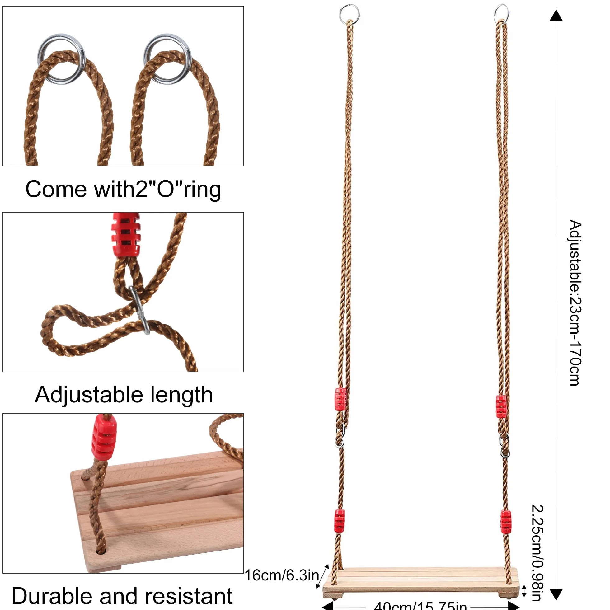 Altalena da Esterno in Legno - Portata Massima 160 kg, Con Anello in Metallo e Accessori Collegabili per Giardino, All'aperto e Campeggio