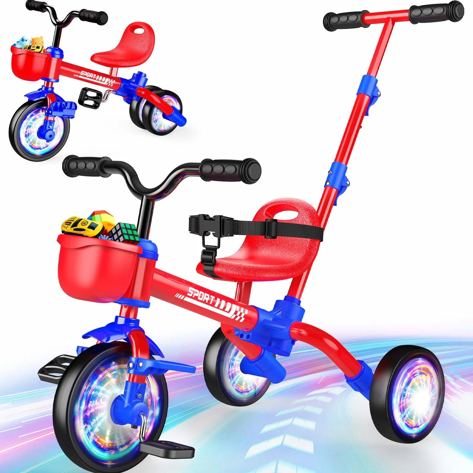HappyGoLucky 5 in 1 Triciclo per Bambini Evolutivo, Bicicletta Bambini 1-5 Anni-Ruote Luminose/Maniglia Parentale/Sedili&pedali Regolabili