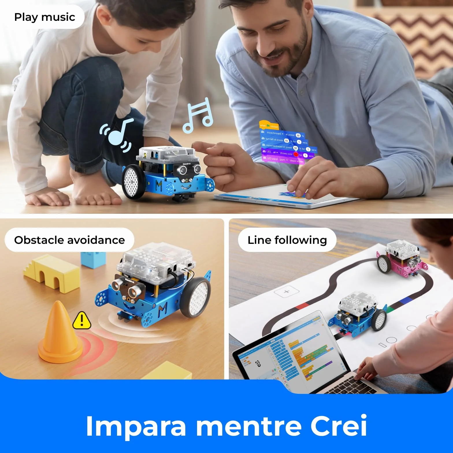 Makeblock mBot Robot Programmabile, STEM Giocattolo Compatibile con Programmazione Scratch / Arduino, Regali per Bambini Fonction Rileva Ostacoli, Segui linea, Robot di Codifica Robotico Kit - Blu
