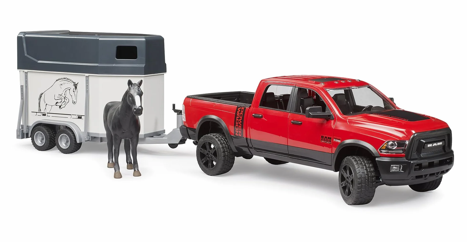Bruder 02501 RAM 2500 Power Wagon z Przyczepą dla Koni i Koniem, Terenowy Transporter Zwierząt