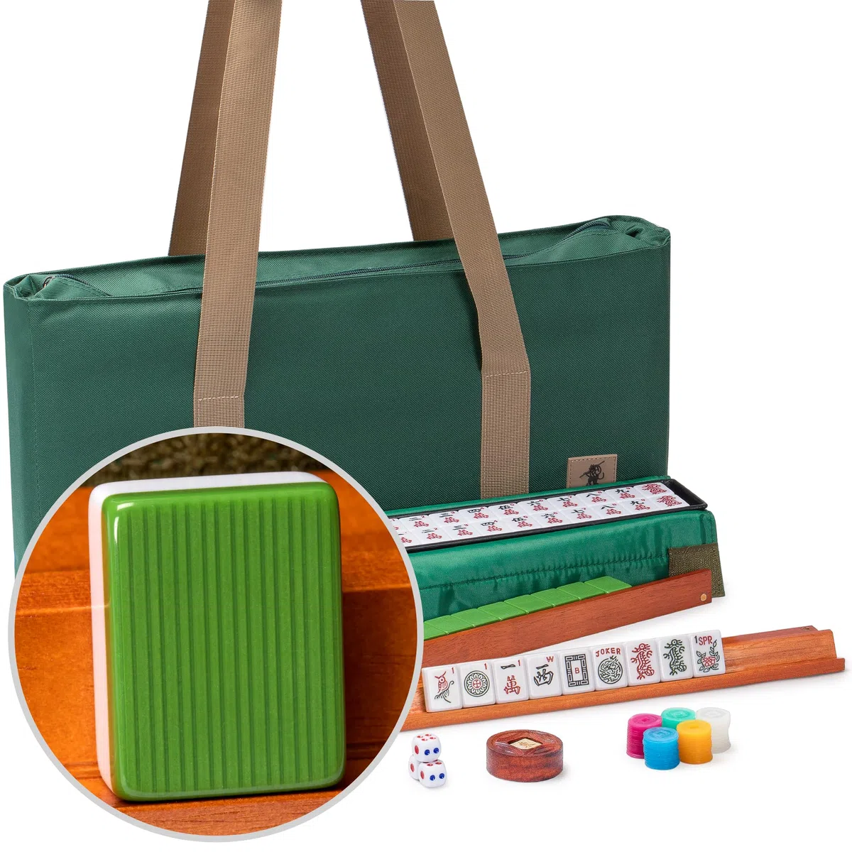 Yellow Mountain Imports Huntington Set di mahjong americano custodia morbida verde oliva 4 rack spingitori dadi monete punteggio