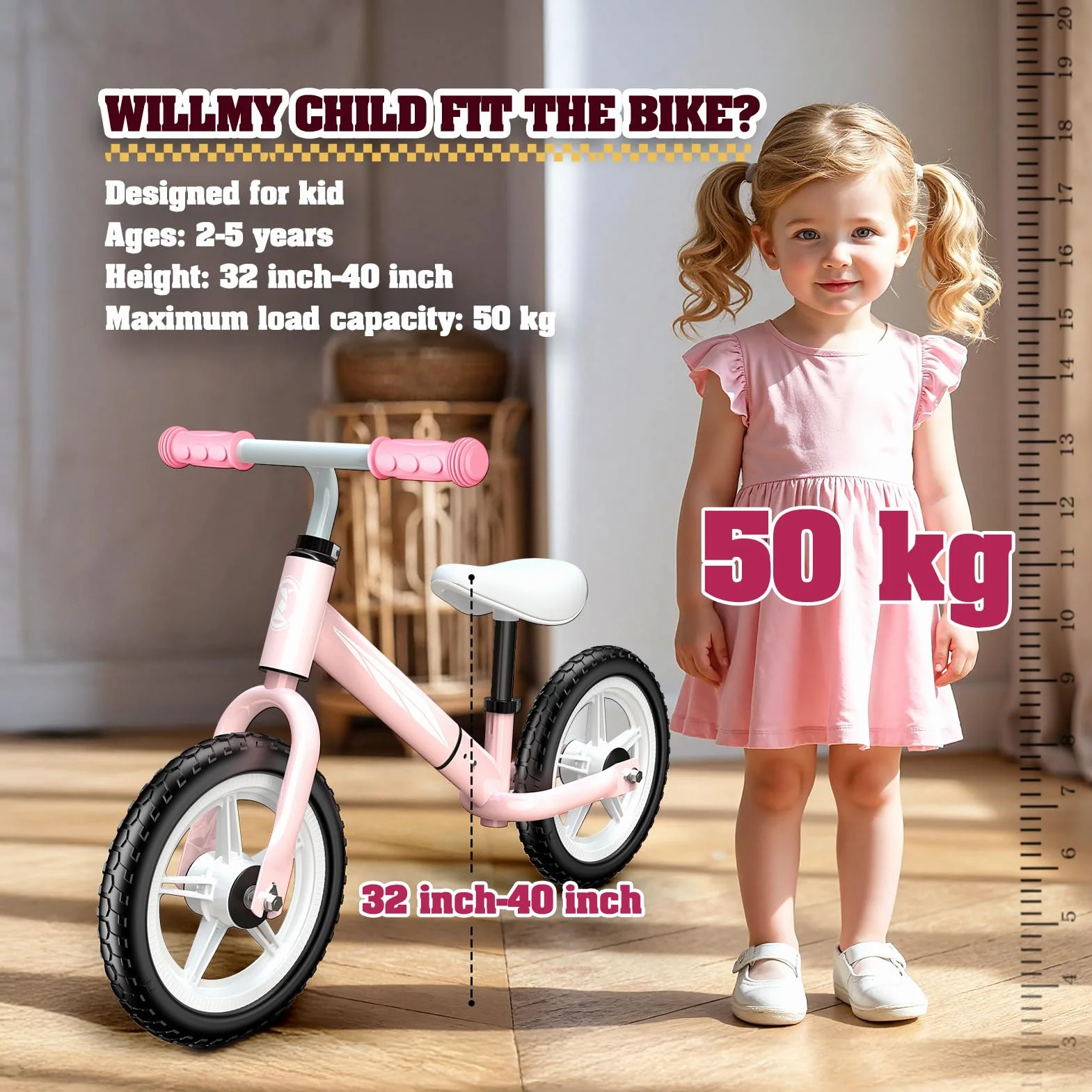 Bicicletta senza Pedali per Bambini 2-5 Anni, Regolabile in Altezza (Sella e Manubrio), Luci LED, Gomme Antiscivolo, Regalo Bambino 2 3 4 5 Anni, Max 50 kg, Colore Rosa