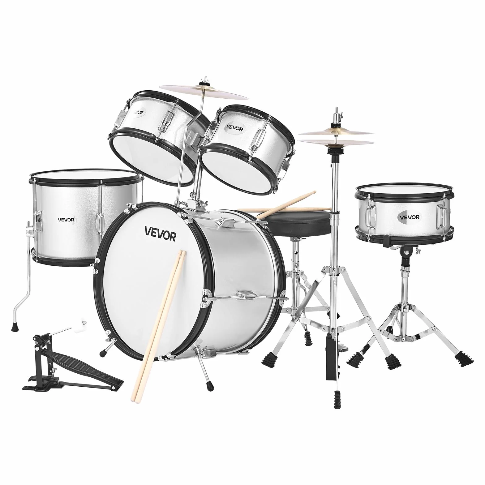 VEVOR Batteria per Principianti da 5 Pezzi da ca. 406 mm, Batteria per Principianti con Sgabello Regolabile, Piatto e Due Paia di Bacchette, Kit di Strumenti Musicali per l'Apprendimento, Argento