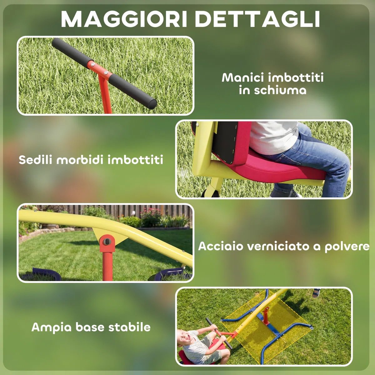 AIYAPLAY Altalena Bilico Bambini Girevole 360° 200kg 2 Posti Maniglie Antiscivolo Sedili Imbottiti Schienale Ruote Dondolo Esterno 253x96x75 cm