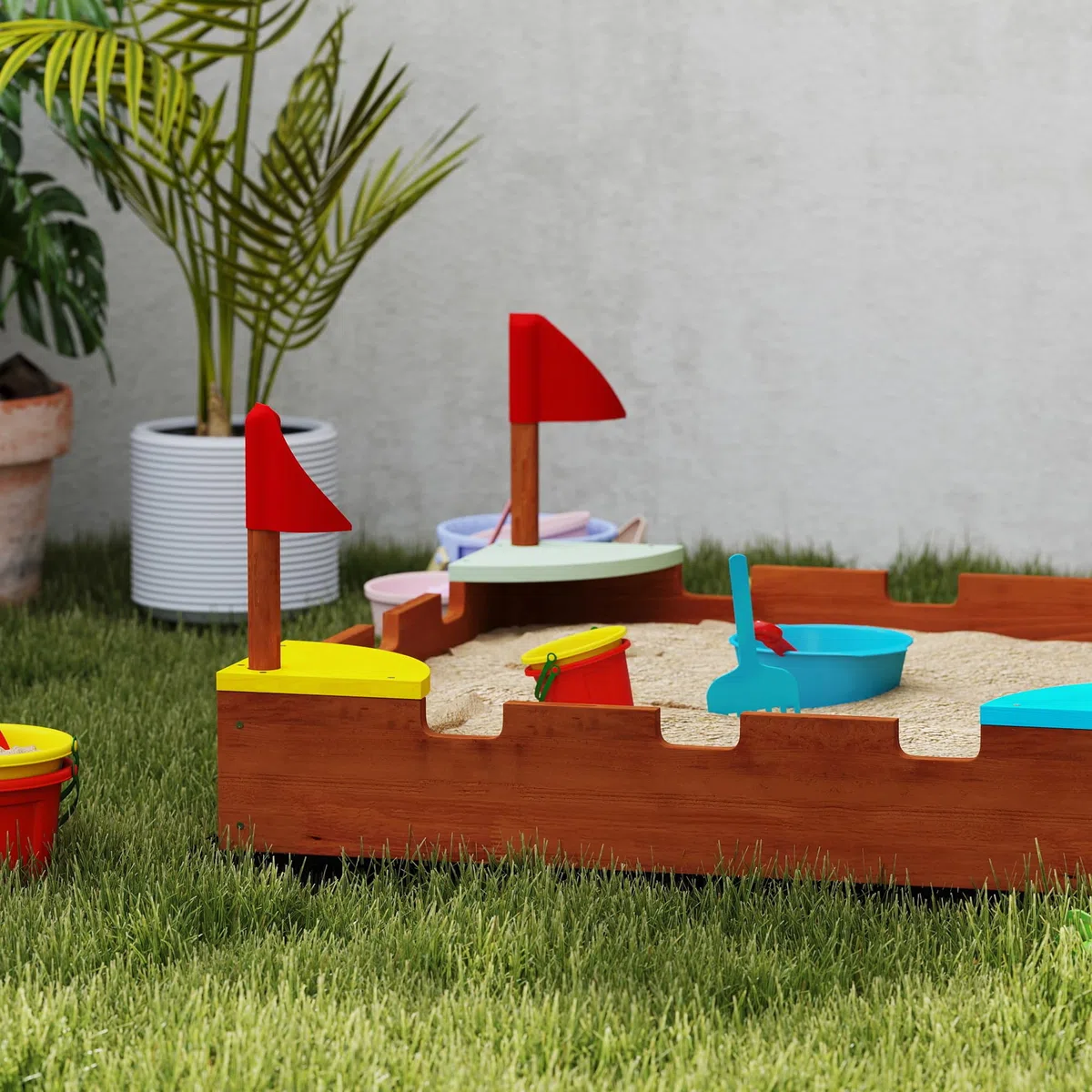 AIYAPLAY Sabbiera per Bambini 3-7 Anni a Forma di Castello con 4 Sedute con Bandierine, Sabbionaia per Bambini in Legno di Abete, 90x90x17 cm, Multicolore