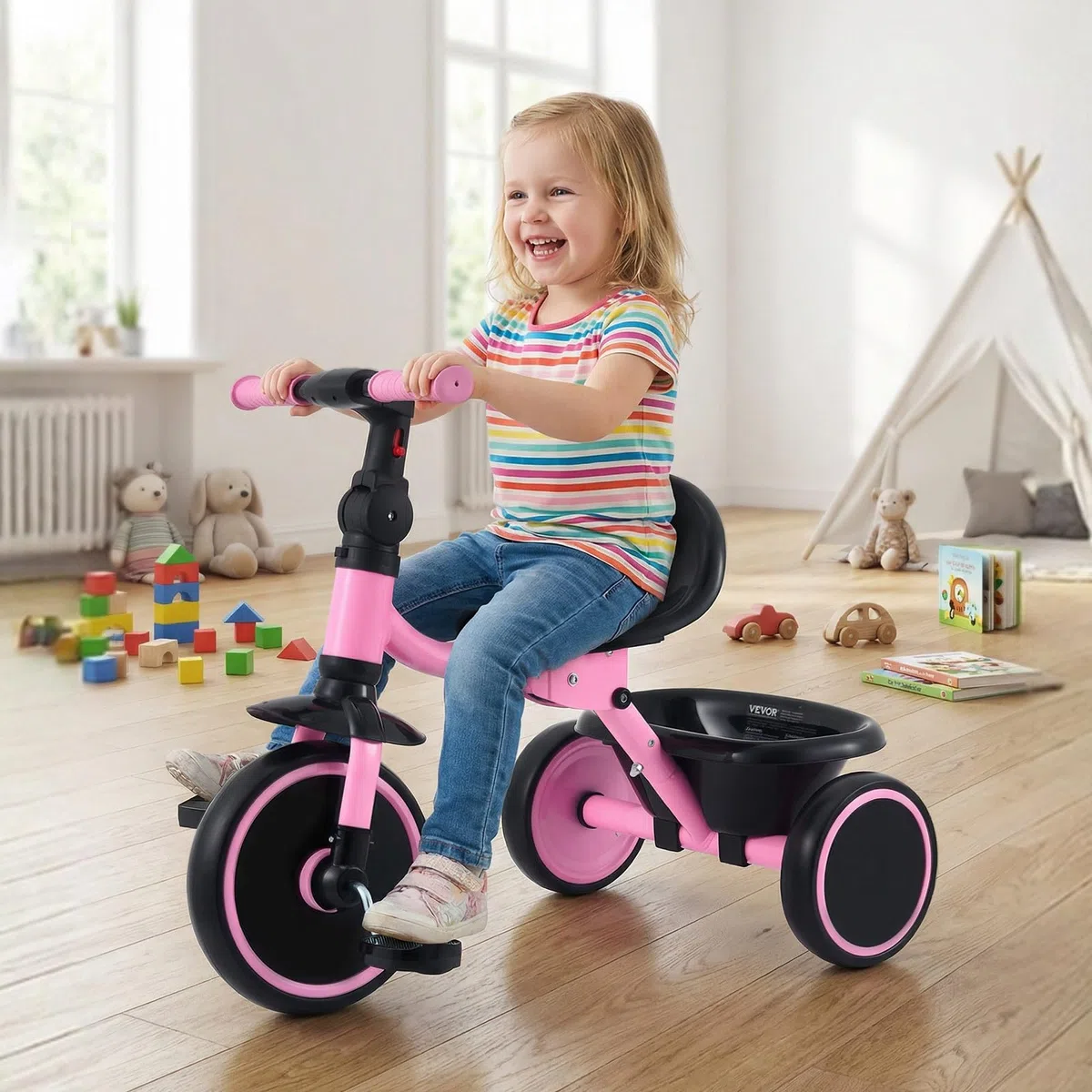 VEVOR Triciclo per Bambini 2-5 Anni con Sedile Regolabile Cestino Posteriore Telaio Acciaio Carbonio Ruote EVA Rosa Nero