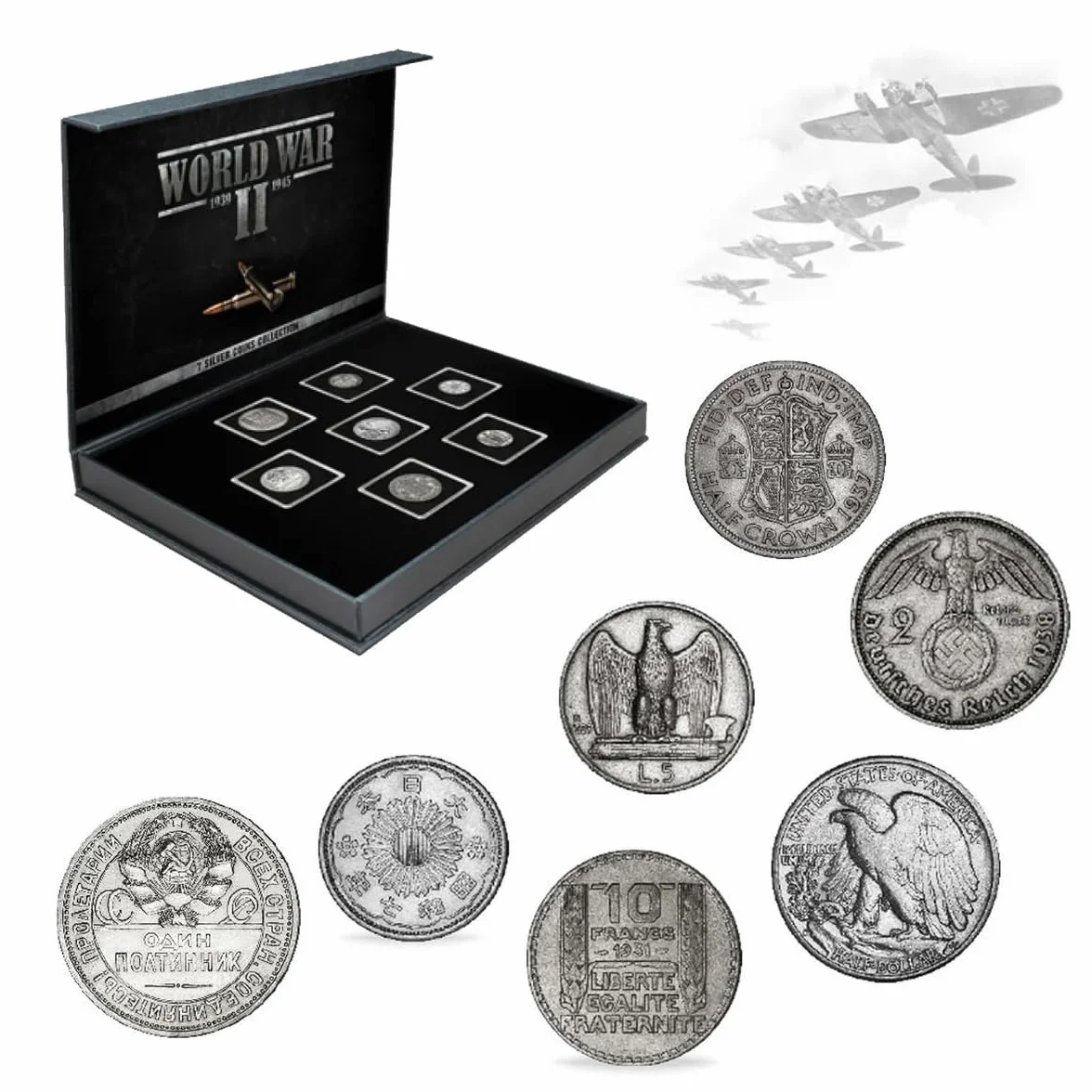 IMPACTO COLECCIONABLES | Collezione Esclusiva di 7 Monete della Seconda Guerra Mondiale (1939–1945) degli Alleati e dell’ASSE – Monete Autentiche e Antiche con Certificato di Autenticità