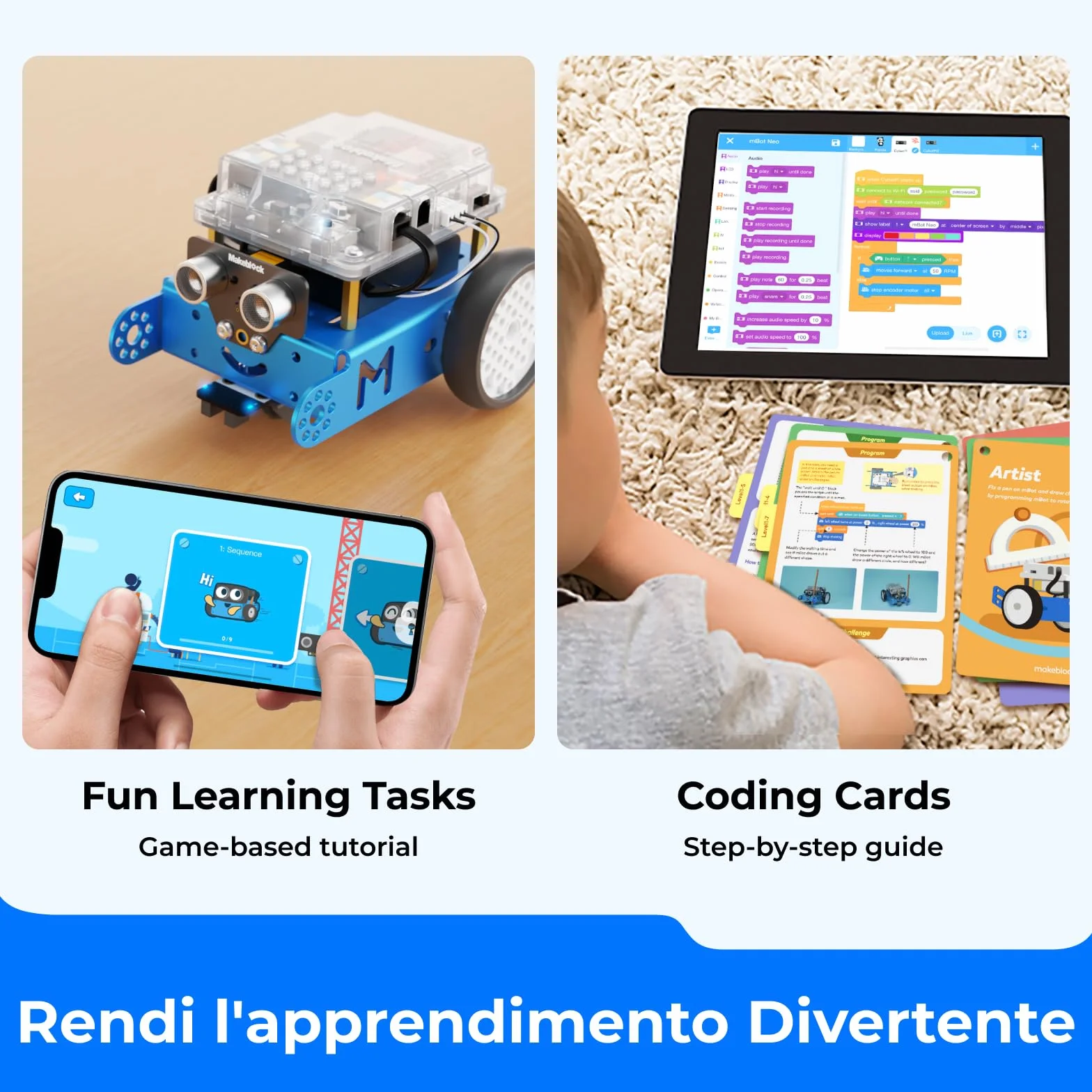 Makeblock mBot Robot Programmabile, STEM Giocattolo Compatibile con Programmazione Scratch / Arduino, Regali per Bambini Fonction Rileva Ostacoli, Segui linea, Robot di Codifica Robotico Kit - Blu