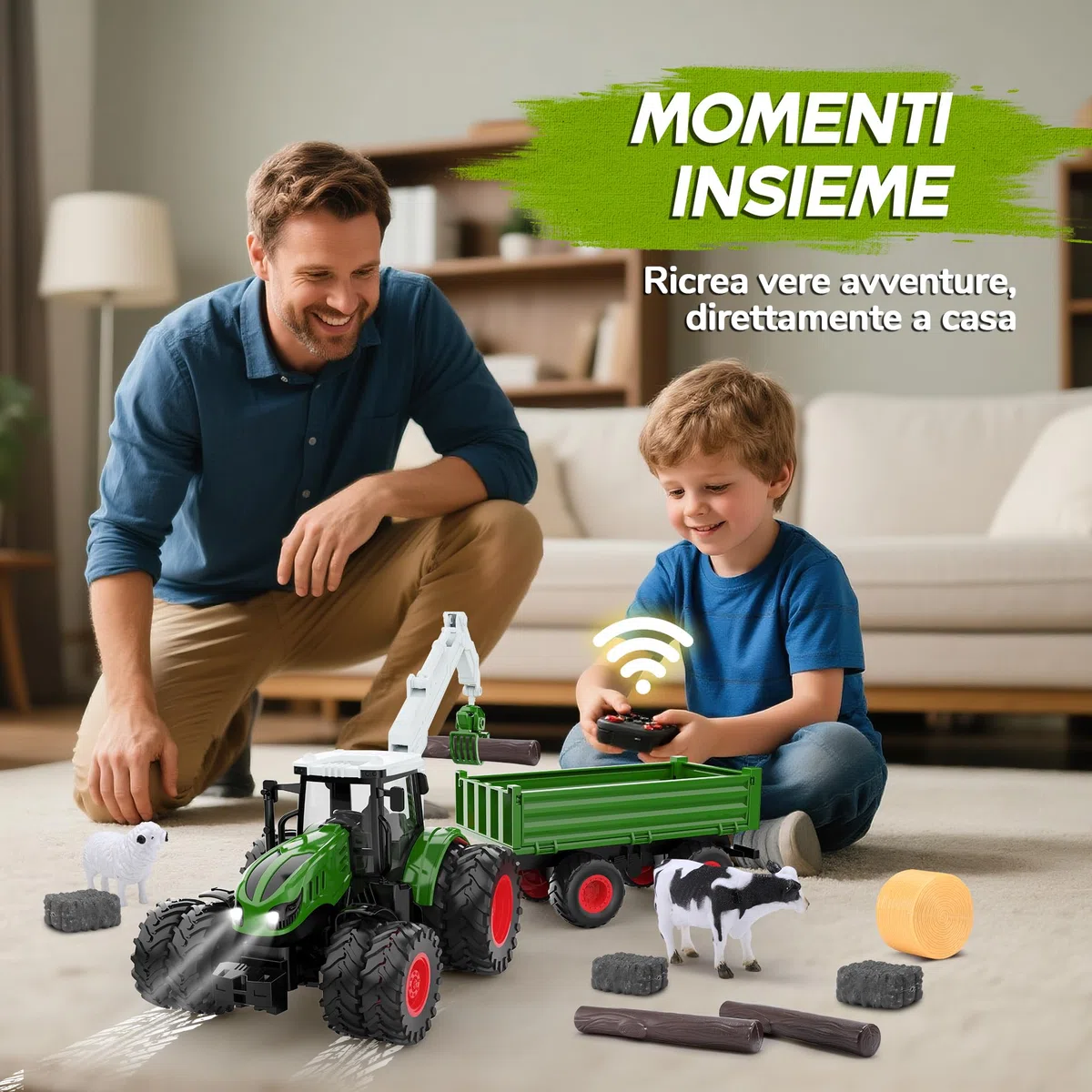 HappyGoLucky Trattore Telecomandato per Bambini, 2.4GHz, 1:16 Camion Telecomandato Fattoria Giocattolo con Luce, Rimorchio, Regalo Bambino 3-12 Anni Maschio, Regali Natale Bambini 2025 Halloween