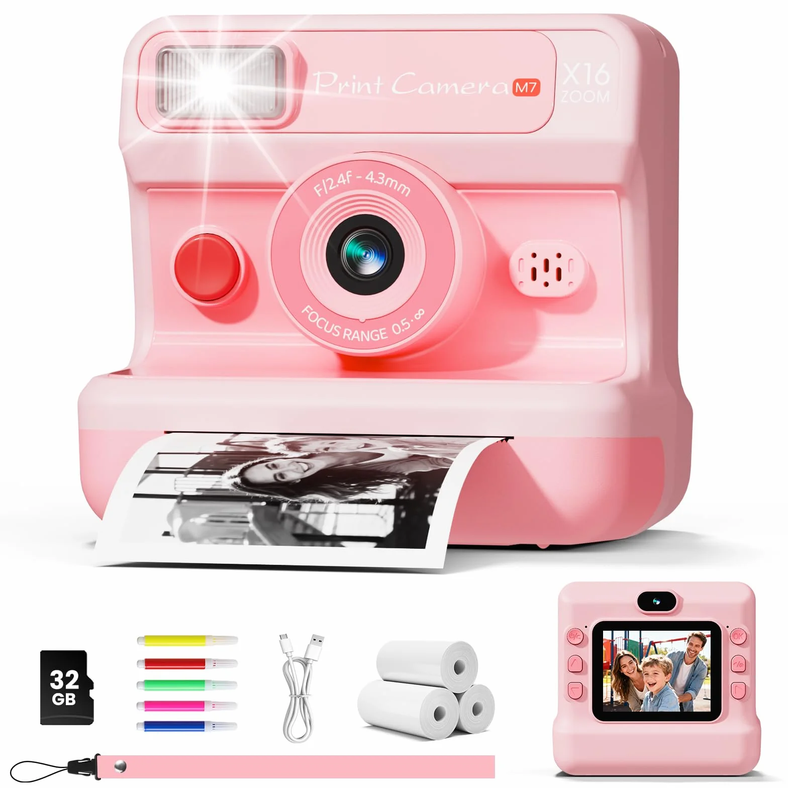 CalineGam Macchina Fotografica Bambini Istantanea, HD 1080P Macchina Fotografica Istantanea con Scheda da 32 GB e 3 Rotoli di Carta, Regalo di Natale per Ragazze Ragazzi dai 3 ai 14 Anni