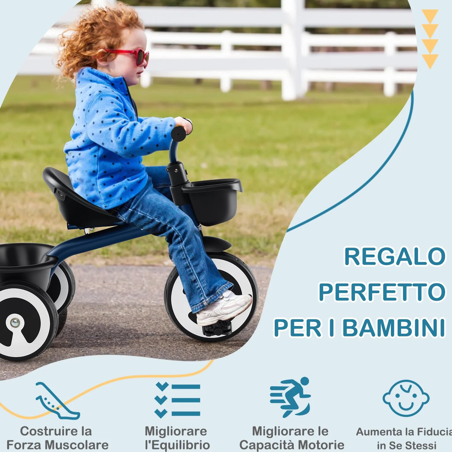 COSTWAY Triciclo per Bambini, Trike con Sede Regolabile Cestini Anteriori e Posteriori, Bicicletta a 3 Ruote con Telaio in Ferro Carbonioso di Alta Resistenza, per Bambini 1,5-5 Anni (Blu)