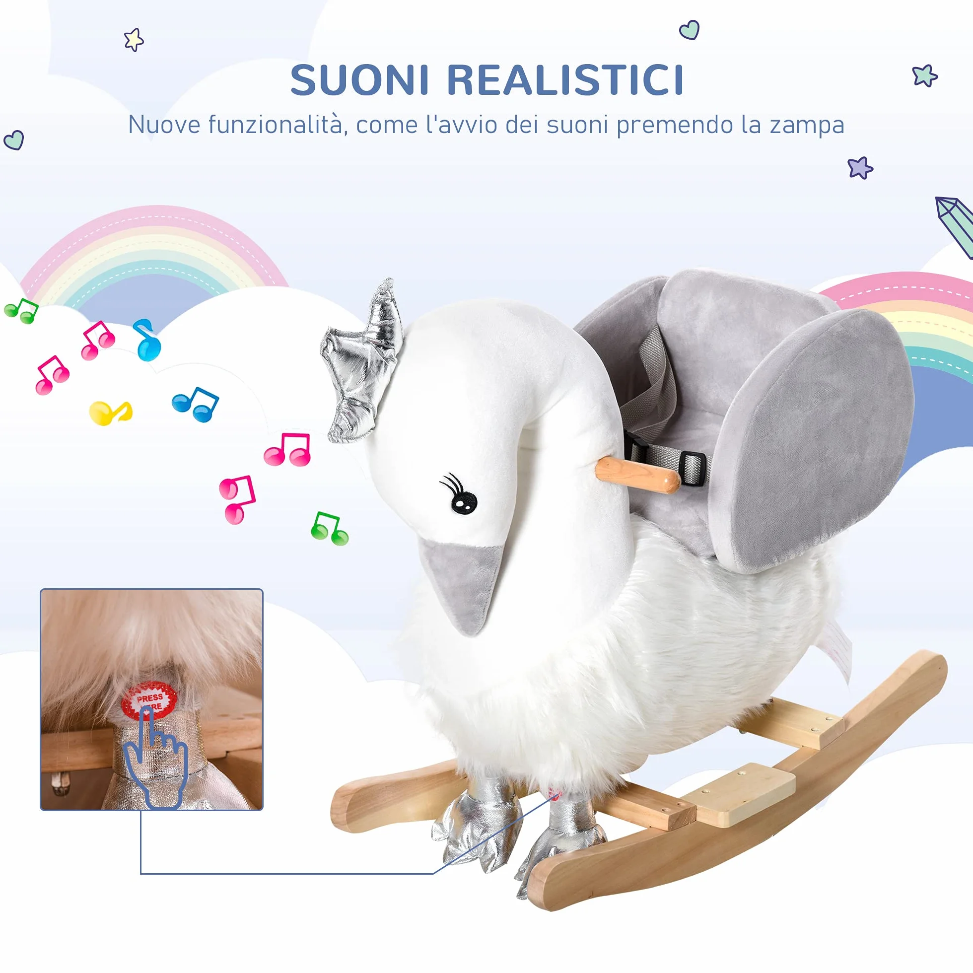 HOMCOM Cavallo a Dondolo per Bambini a Forma di Cigno, Dondolo Giocattolo Cavalcabile per Bambini 18-36 Mesi (Max 40kg), in Legno di Pioppo e Peluche, Bianco e Grigio