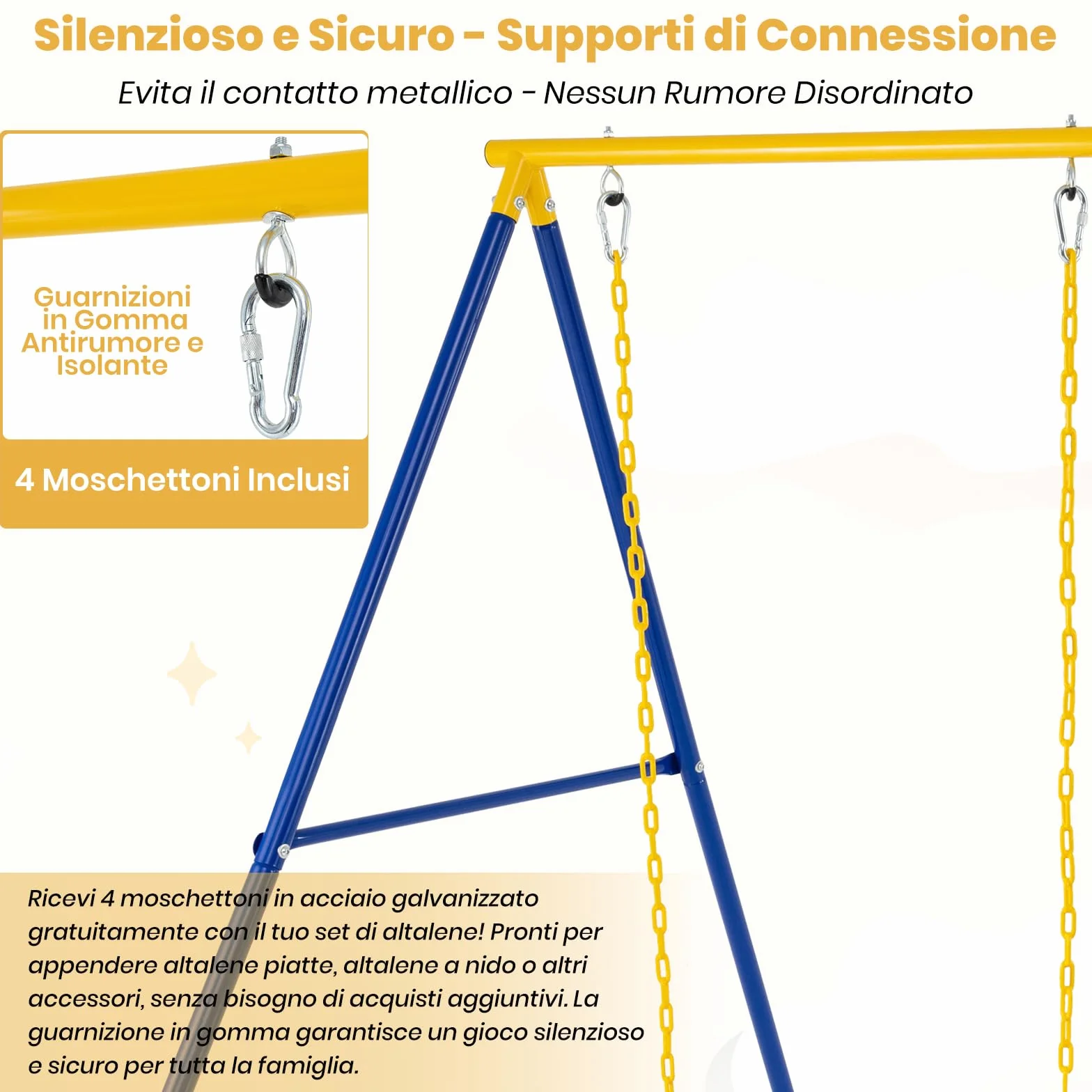 RELAX4LIFE Struttura per Altalena Doppia da Giardino con Portante 300kg, 2 Posti da Appendere, per Bambini e Adulti, Gioco Interno/Esterno, 4 Picchetti, Copripiedi e Moschettoni, Giallo e Blu