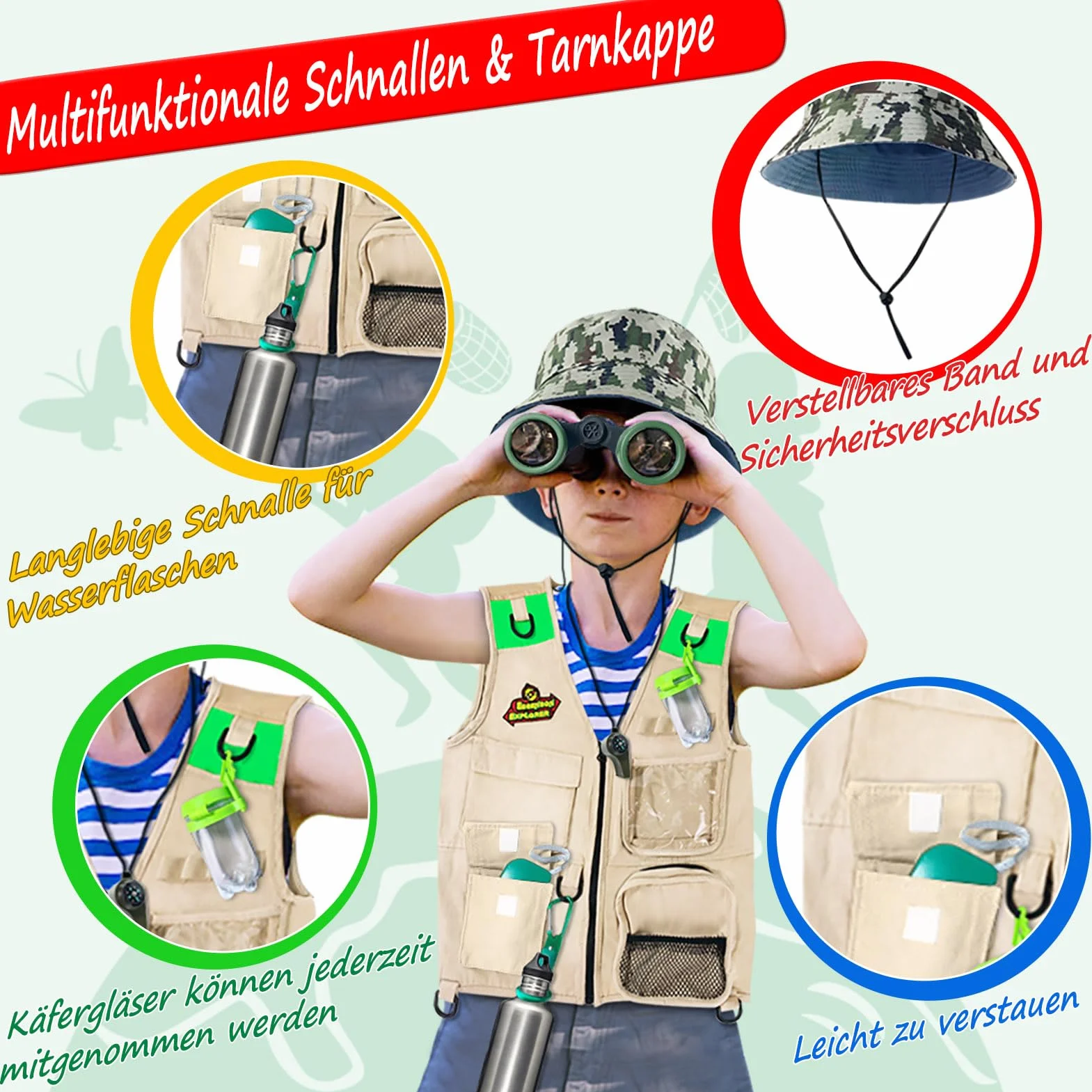 ESSENSON Kit Esploratore all'aperto - Set Cattura Insetti con Gilet, binocolo, Torcia elettrica, Regalo di Compleanno del Giocattolo di Avventura di Campeggio per Ragazzi e Ragazze di età 3-12 Anni