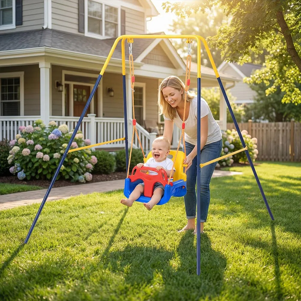 BAKAJI Altalena 3 in 1 per Bambini da Giardino, Resistente con Struttura in Acciaio e 4 Sacchi di Sabbia per Fissaggio Al Terreno, Sediolino con Cinture di Sicurezza e Schienale, Indoor/Outdoor