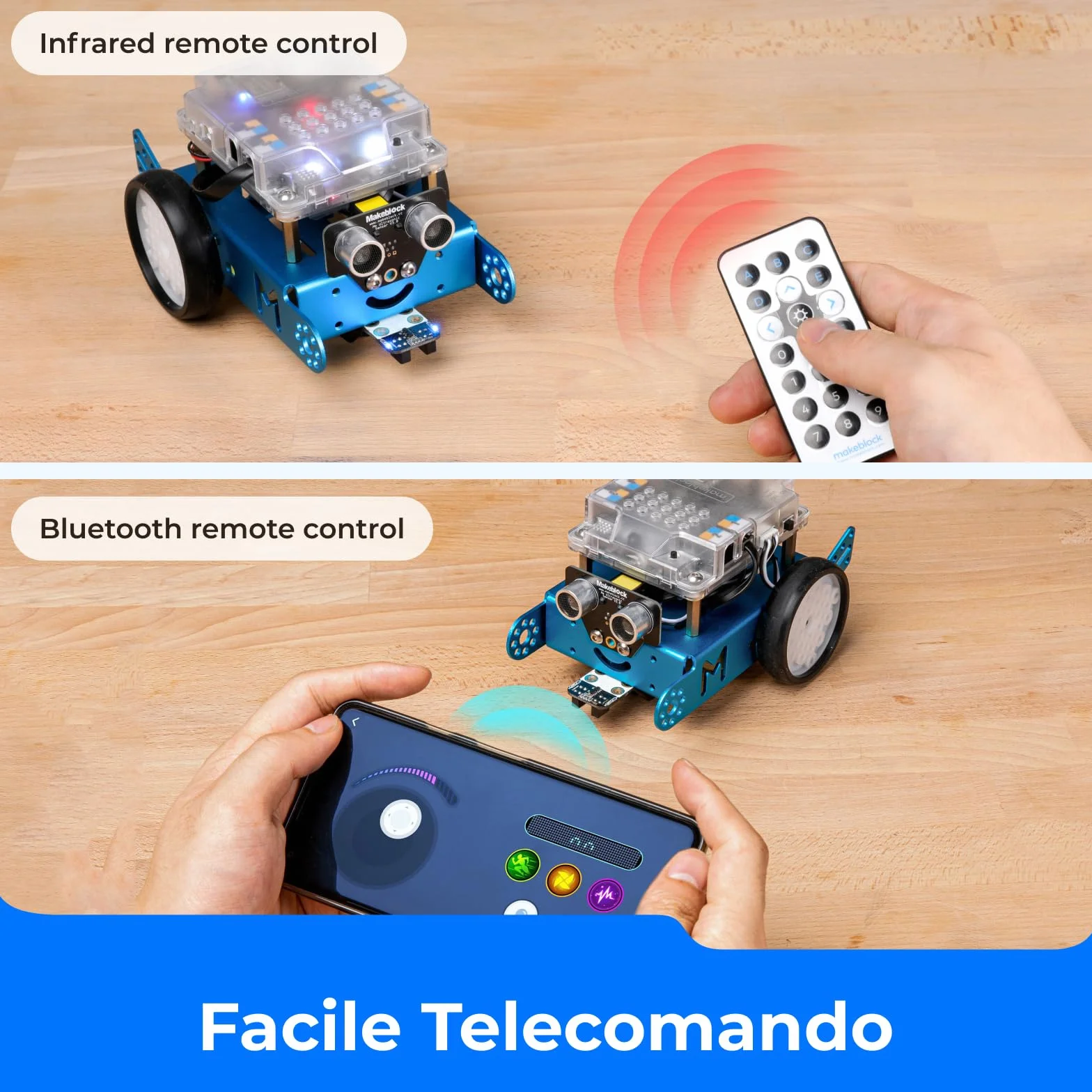 Makeblock mBot Robot Programmabile, STEM Giocattolo Compatibile con Programmazione Scratch / Arduino, Regali per Bambini Fonction Rileva Ostacoli, Segui linea, Robot di Codifica Robotico Kit - Blu