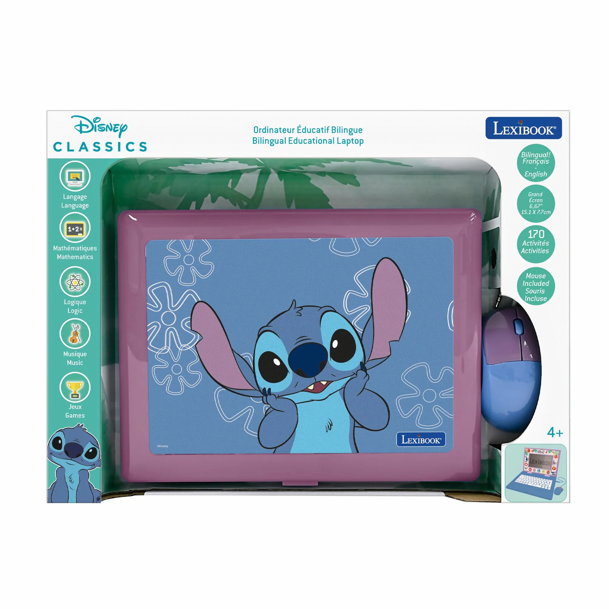 LEXIBOOK, Disney Stitch, Laptop bilingue ed educativo Inglese/Francese Giocattolo per Bambini, 170 attività da Imparare, Giocare e Musica, Schermo Grande, Blu/Viola, JC599Di1