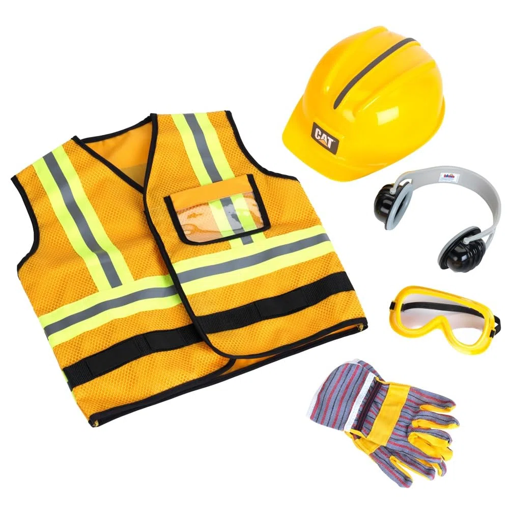 Theo Klein 3224 CAT® gilet da operaio edile, Con casco, guanti, occhiali e protezione per l’udito, Gilet di protezione per bambini da 3 a 6 anni, Giocattolo per bambini a partire da 3 anni