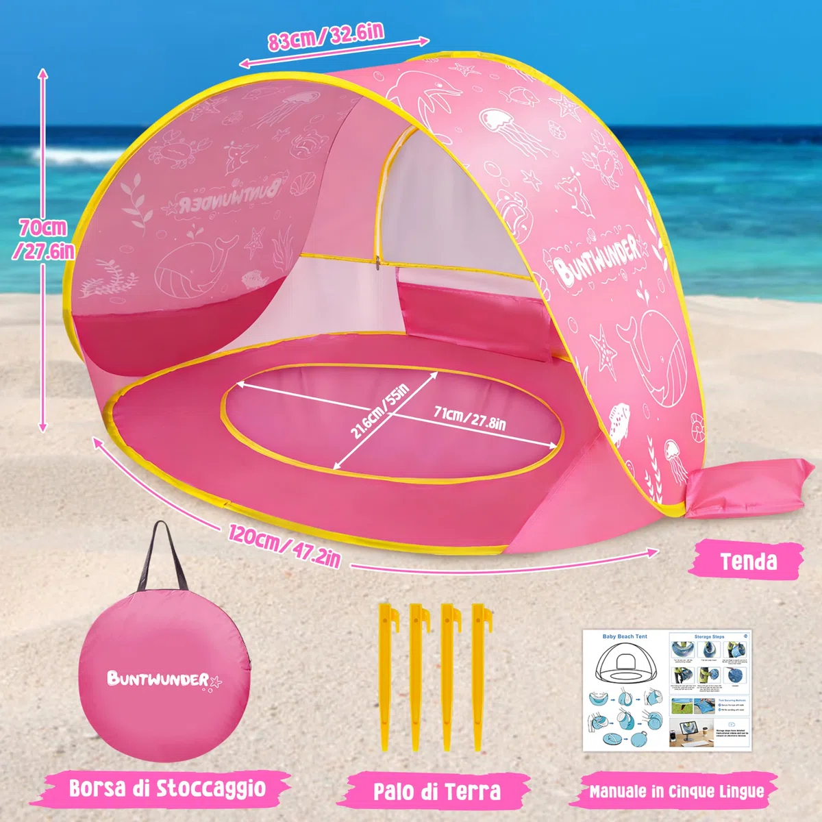 Tenda da Spiaggia Bambini Pop-Up con Mini Piscina, Protezione Solare UPF 50+, Portatile (Rosa)