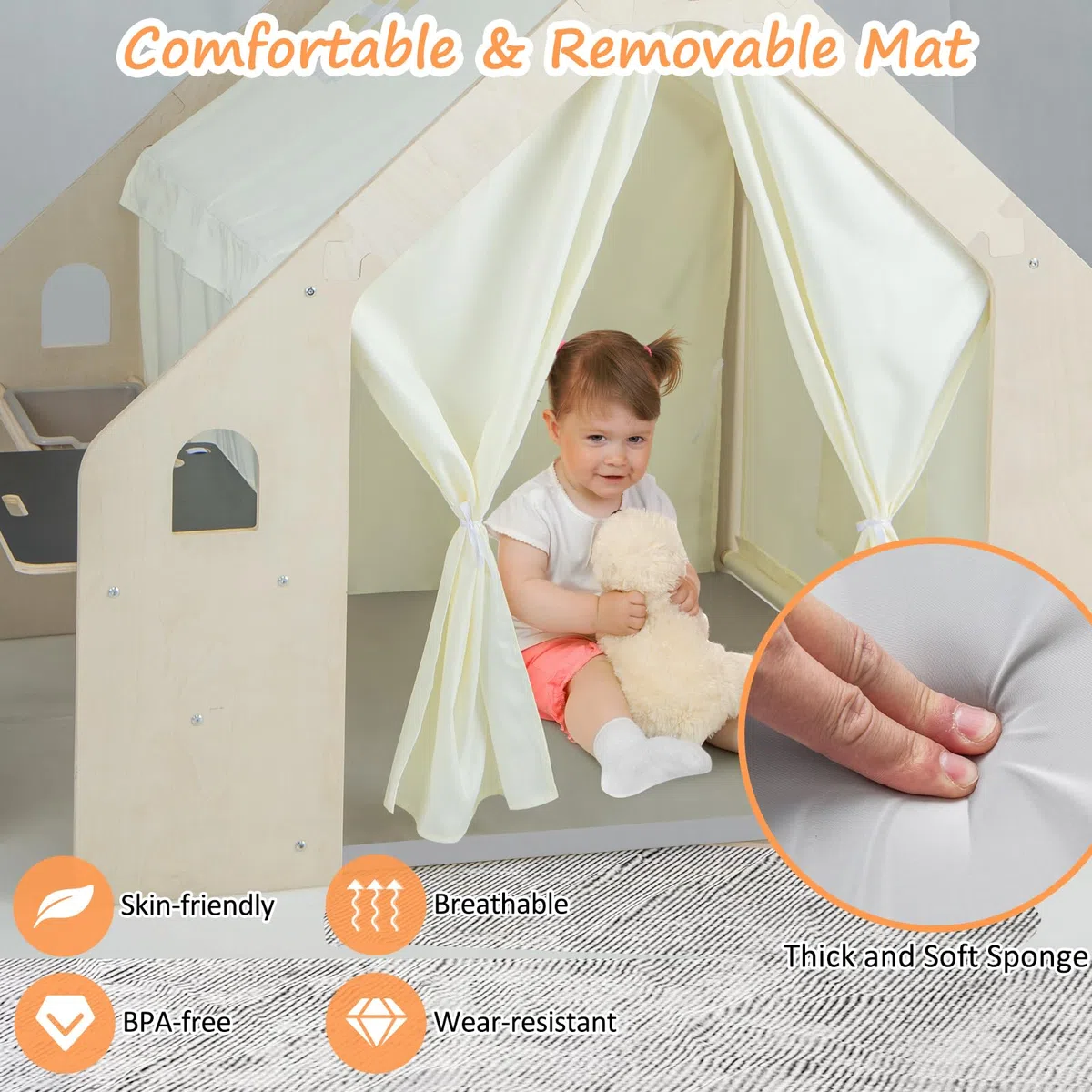 HOMASIS 6 in 1 Tenda per Bambini da Interno, Tenda Gioco con Tavolo e Sedia per Bambini, Casa da Gioco con Tappetino, Lavagna, Scatola Portagiochi (1 Scatola)