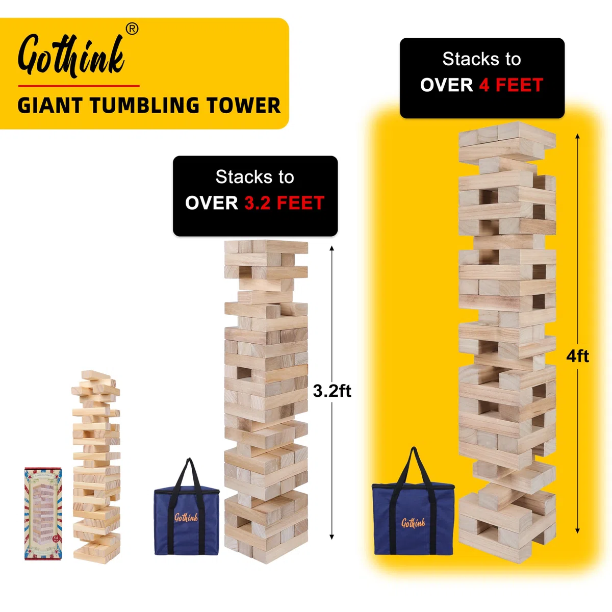 GOTHINK Torre di Legno Gioco Gigante 54 Blocchi di Legno Massello Apilabile 1.2m Gioco di Impilamento