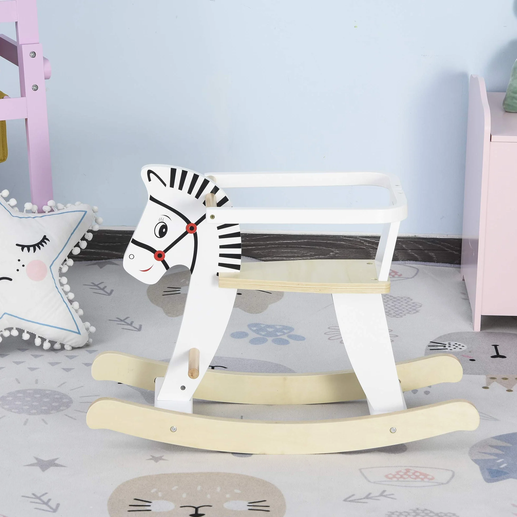 HOMCOM Cavallo a Dondolo Classico in Legno per Bambini 1-3 Anni con Bordo, Maniglie e Poggiapiedi, 68x26.5x48cm, Bianco