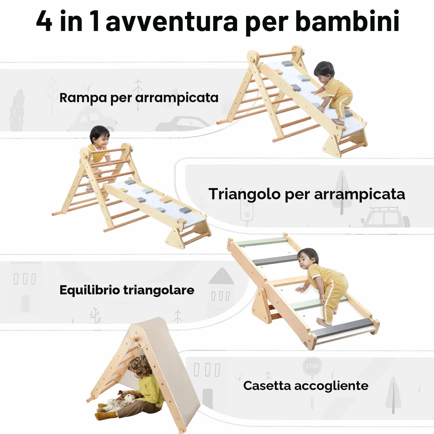 Mamabrum Parco Giochi in Legno con Scaletta e Parete da Arrampicata – Casa Multiattività con 3 Livelli di Regolazione, Triangolo Motorio, Capacità di Carico fino a 50 kg