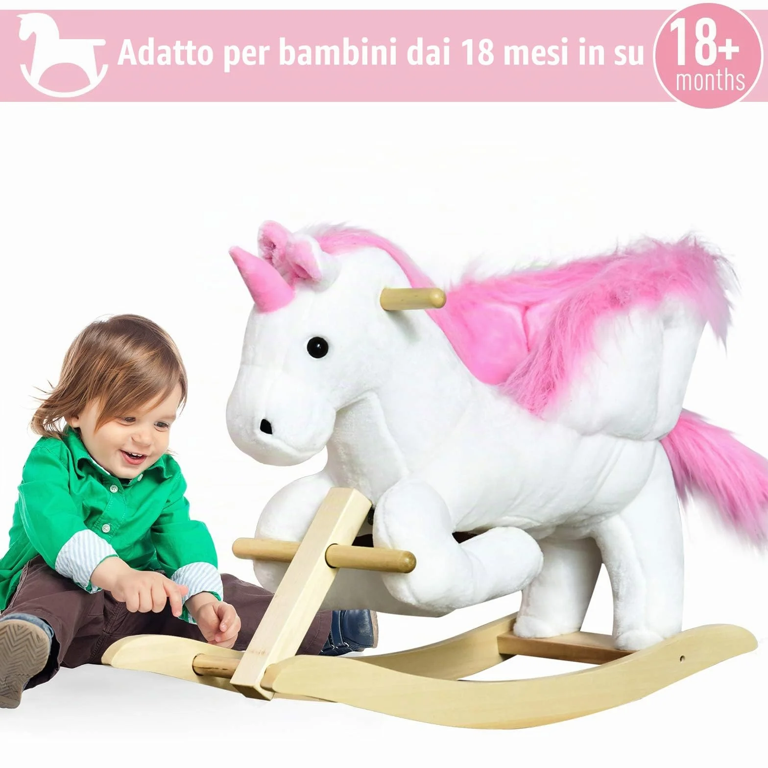 HOMCOM Cavallo a Dondolo a Forma di Unicorno con Musica, Struttura in Metallo e Legno, Rivestimento Peluche, 69x32x57cm, Bianco Rosa