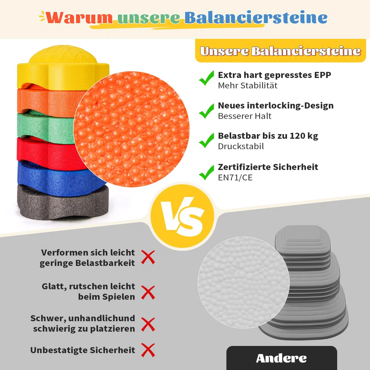 Zestaw 6 kolorowych kamieni równoważących dla dzieci sensoryczne wewnątrz na zewnątrz