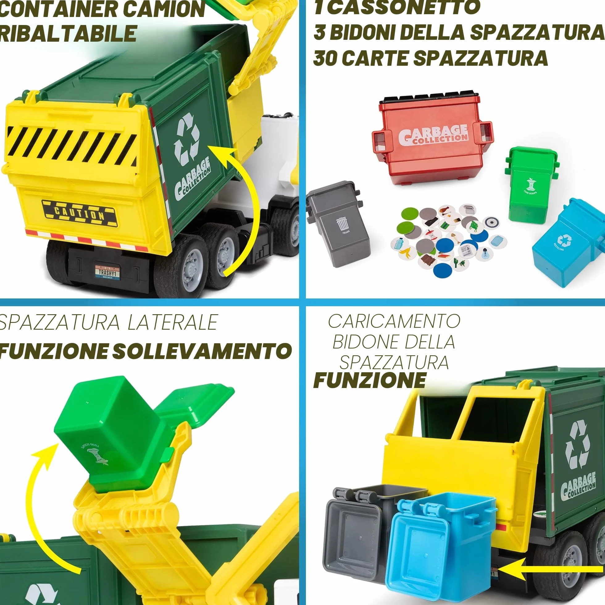 JOYIN Grande Camion Spazzatura da 40 cm, Giocattolo a Frizione con Luci e Suoni, con Pattumiera a Caricamento Frontale, 3 Bidoni Laterali con 30 Carte Pattumiera, Giocattoli per Bambini 3+(verde)