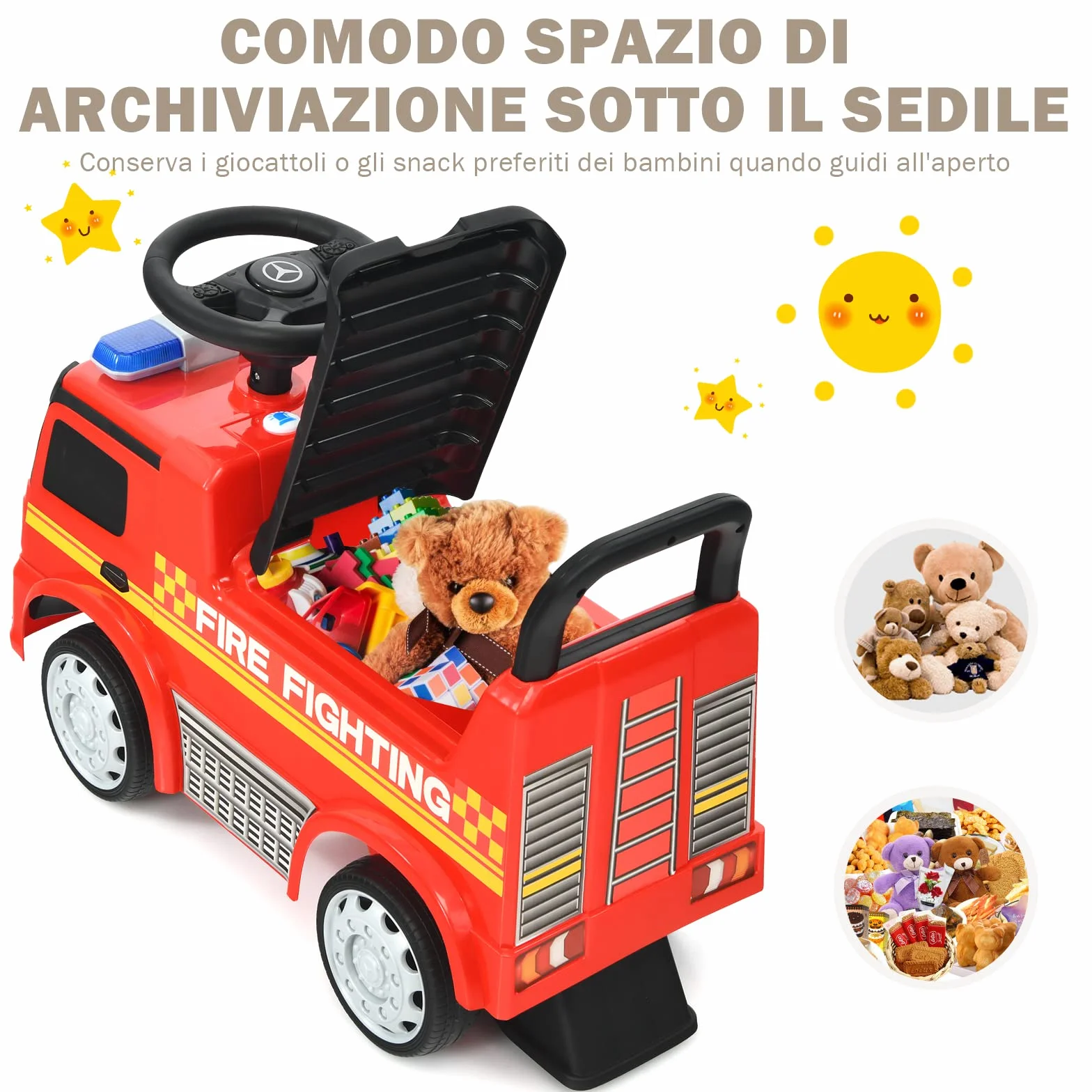 COSTWAY Camion dei Pompieri per Bambini, Macchinina Cavalcabile per Bambini, con Volante, Schienale, Macchina Cavalcabile con Piedi a Terra, Rosso
