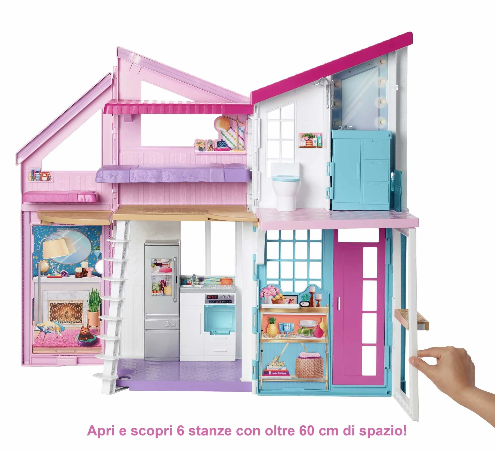 Barbie - Casa di Malibu - Casa di Barbie Malibu - Playset Trasformabile con Plug-and-Play - Oltre 25 Accessori - 60 Cm - Regalo per Bambini da 3+ Anni, FXG57