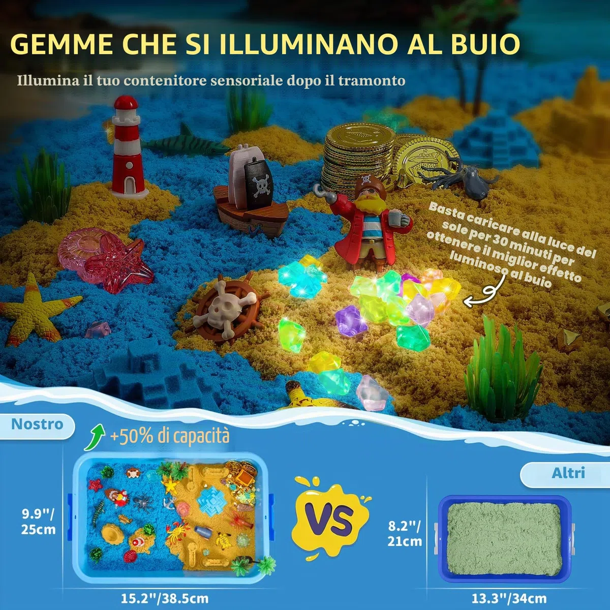 KNASON Sabbia Giocattolo per Bambini,Scrigno del Tesoro Pirata Kit di Sabbiera con 1KG Sabbia Magica,Illuminano al Buio Gemme e Mappa,Regalo di Natale e Compleanno per Bambini 3 ai 8 Anni