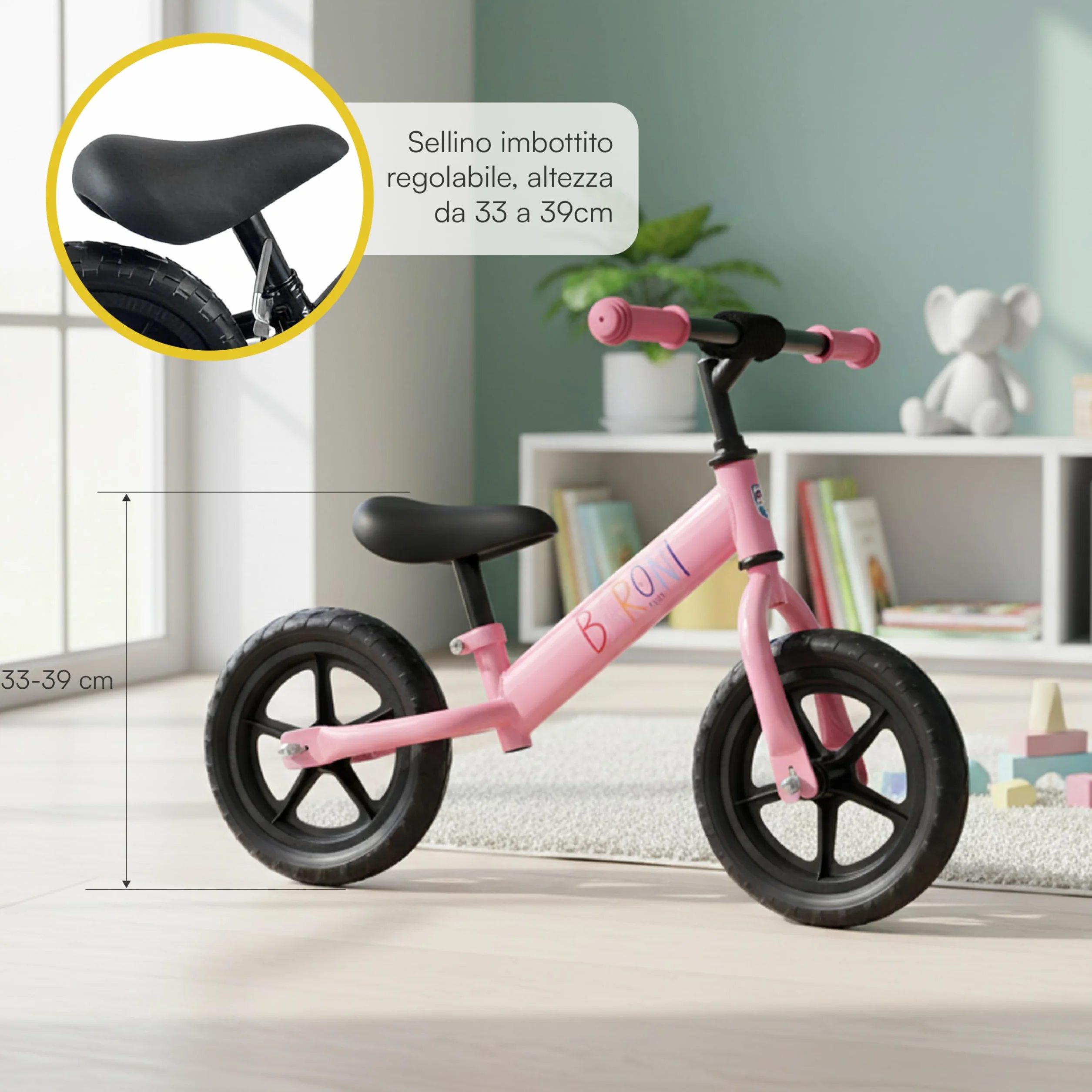 Baroni Toys Bici Senza Pedali per Bambini dai 3 Anni, Balanced Bike con Manubrio e Sellino Regolabili, Ruote Tassellate Antiscivolo, Portata 45kg, Ideale per Equilibrio e Coordinazione