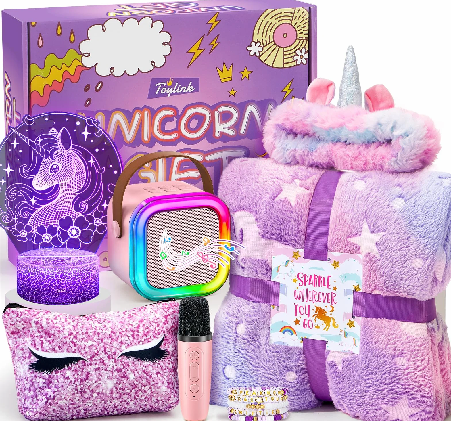 Regali Unicorno per Ragazze 6 7 8 9 10 Anni Macchina Karaoke Bambini Microfono con Altoparlante Coperta Luminosa Unicorno Lampada Notturna Cerchietto Braccialetti Regalo Compleanno Giocattolo Ragazze