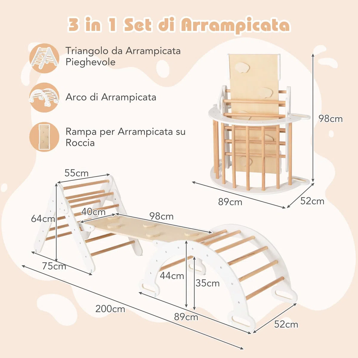 COSTWAY Telaio da Arrampicata per Bambini, Triangolo Pieghevole con Arco e Salita, Bianco