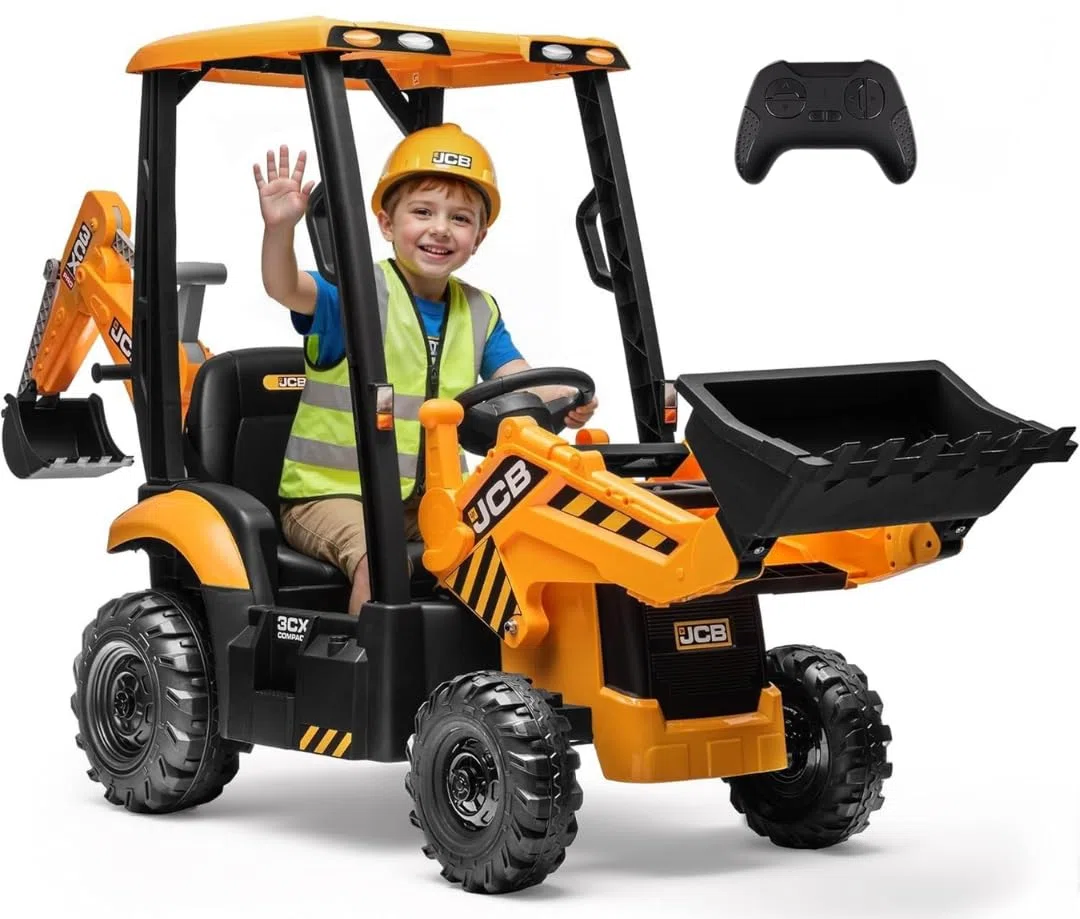 JCB Escavatore Elettrico per Bambini 24V 4 in 1 Cavalcabile con Telecomando Parentale