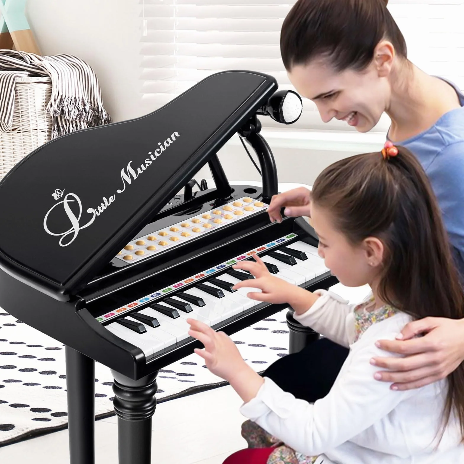 RELAX4LIFE Pianoforte per Bambini con 31 Tasti e Sgabello, Tastiera Pianoforte Elettronico con Microfono Regolabile, Giocattolo Musicale Regalo per Bambini 3+ Anni (Nero)