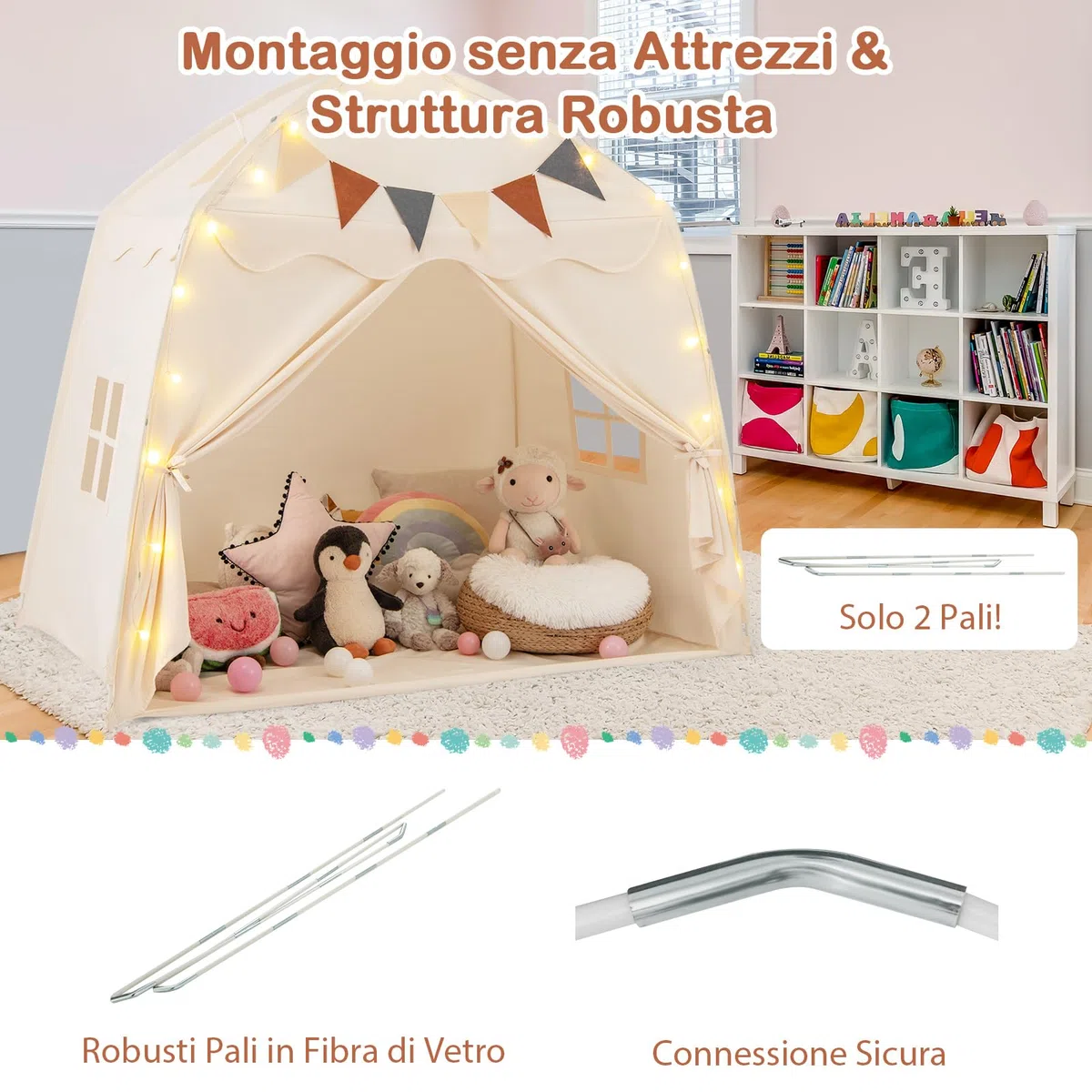 COSTWAY Tenda per Bambini con Luci Fatate, Casetta da Gioco Portatile 157x98x148 cm Beige