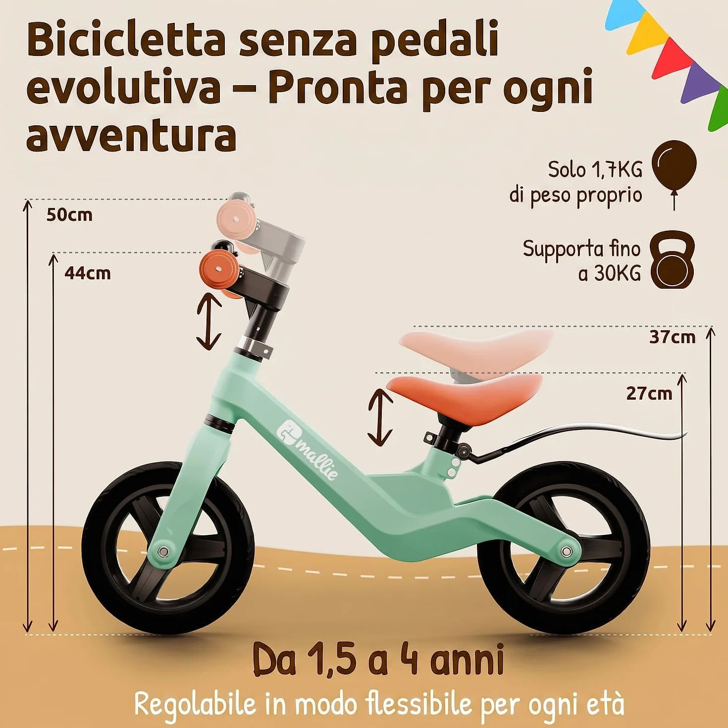 Mallie® Bicicletta Bambini 2-3 Anni con campanello - Balance Bike, Regalo Bambina 3 Anni, Giochi Bambina 2 Anni, Bici Senza Pedali 2 Anni, Regalo Bambino 4 Anni