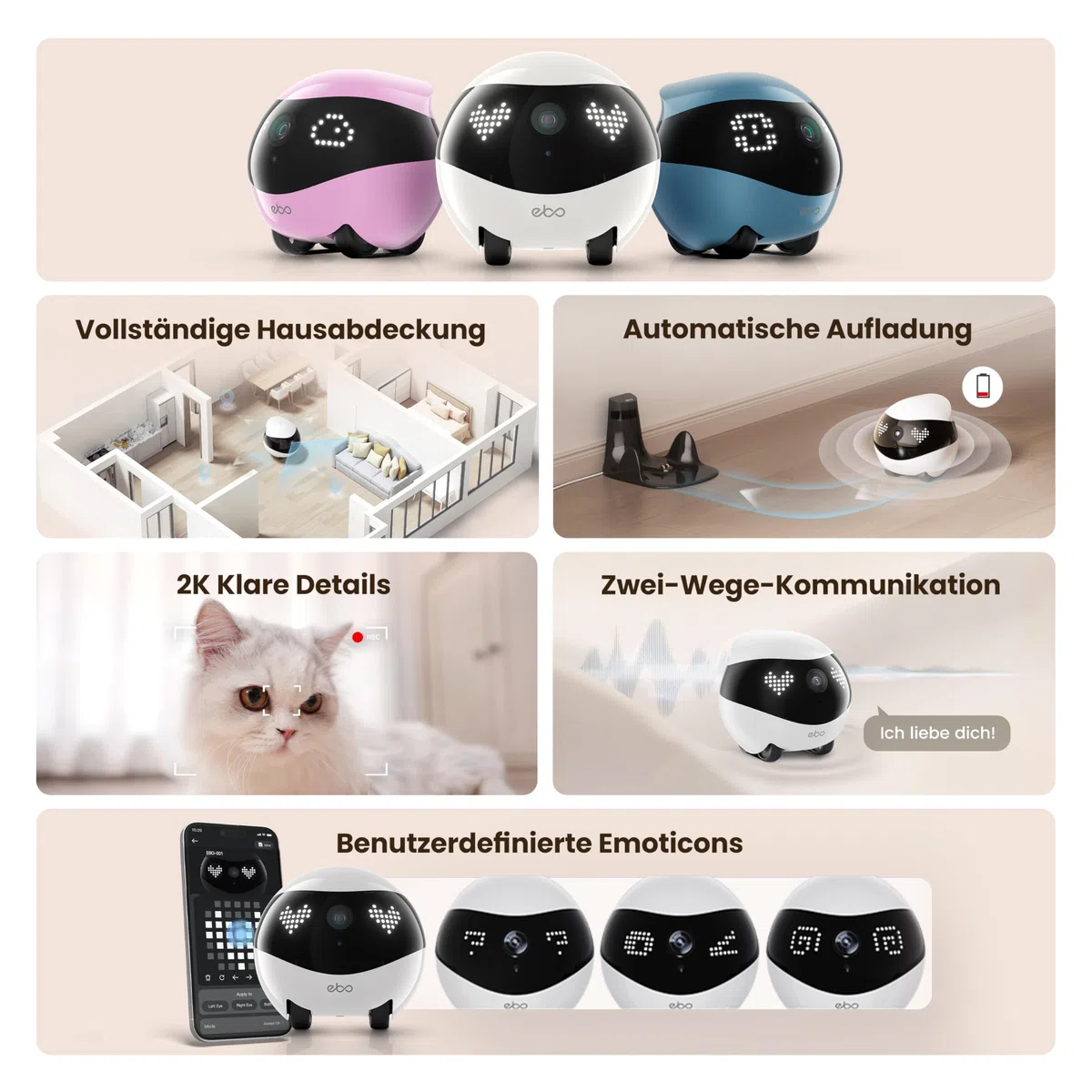 Enabot EBO Air 2 FamilyBot-Intelligenter 2K Telecamera di sorveglianza Robot con autoscarica, robot Patrol per la sorveglianza domestica, telecamera wireless per cani e gatti con visione notturna