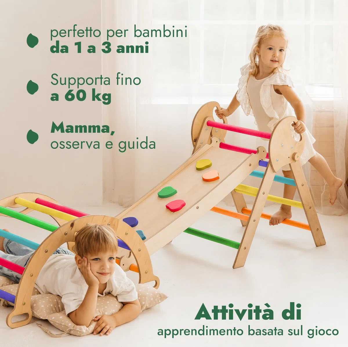 Set Montessori 5-in-1 per arrampicata: triangolo da arrampicata, arco con cuscino e scivolo per bambini 1-3 anni